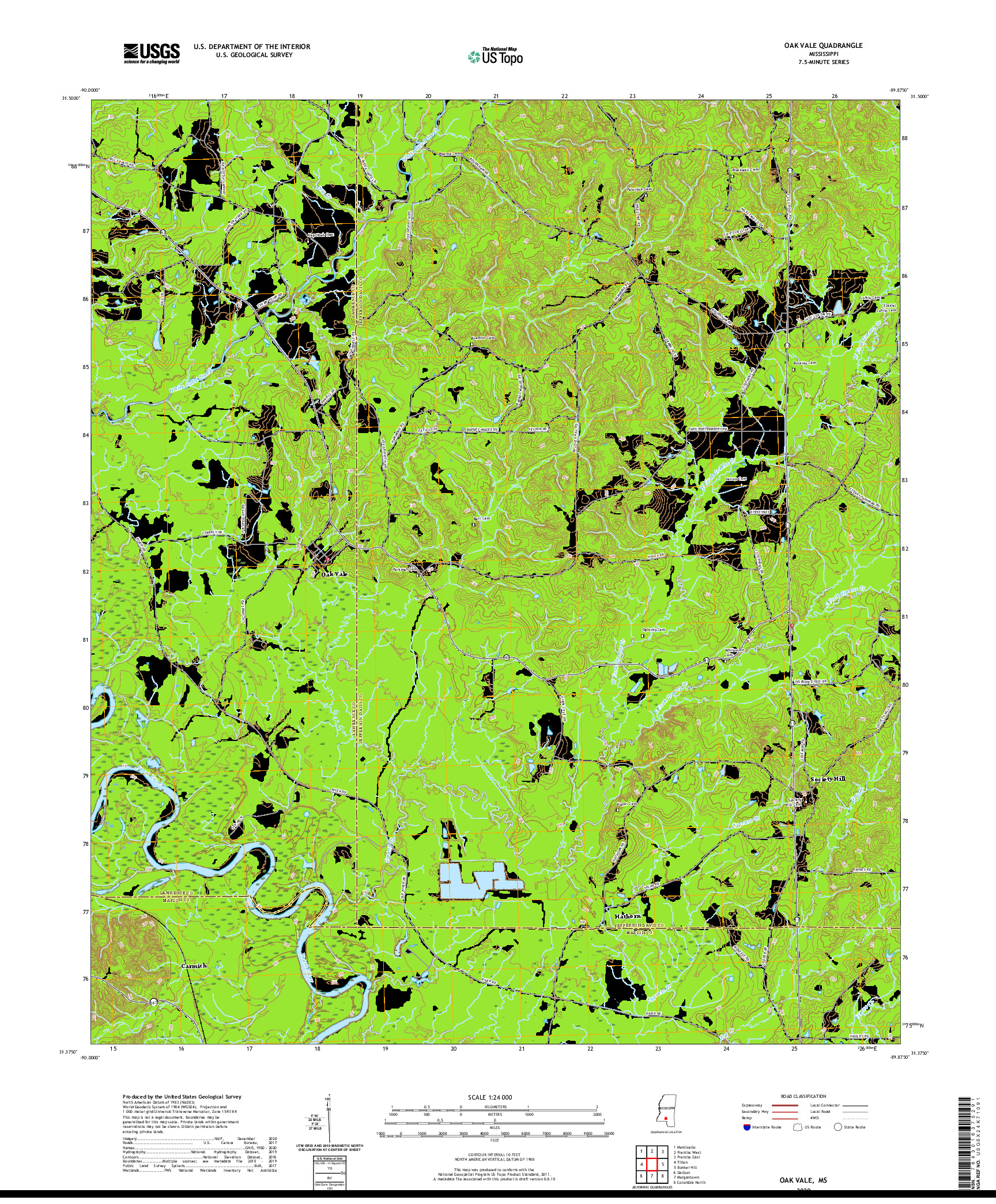 USGS US TOPO 7.5-MINUTE MAP FOR OAK VALE, MS 2020