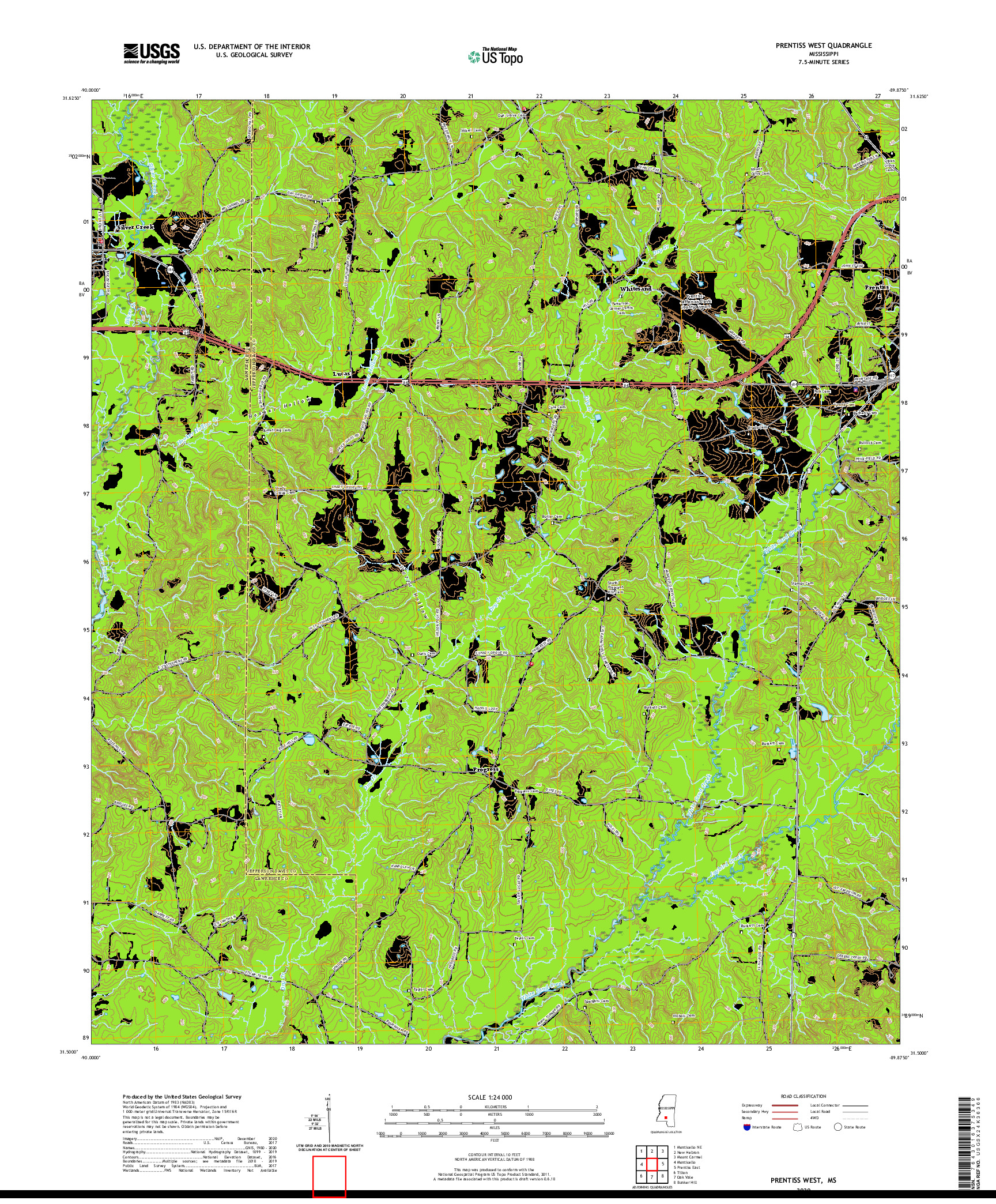 USGS US TOPO 7.5-MINUTE MAP FOR PRENTISS WEST, MS 2020