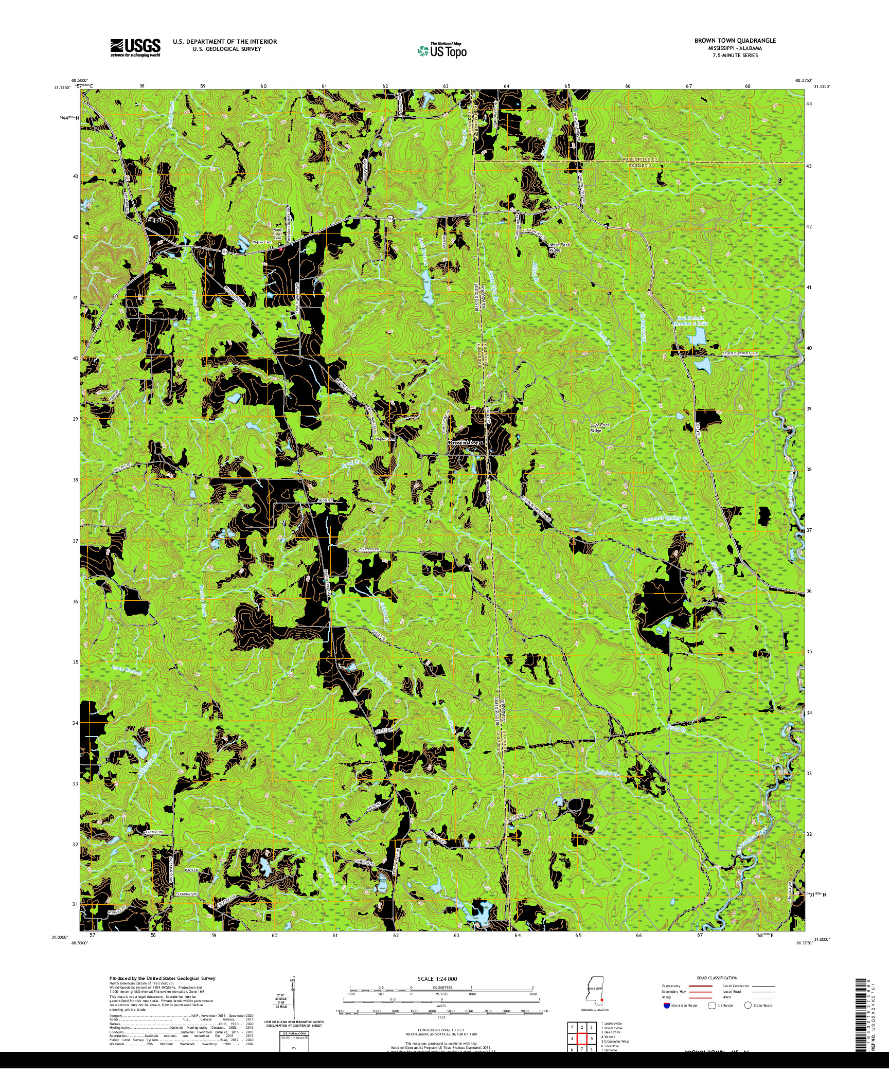 USGS US TOPO 7.5-MINUTE MAP FOR BROWN TOWN, MS,AL 2020