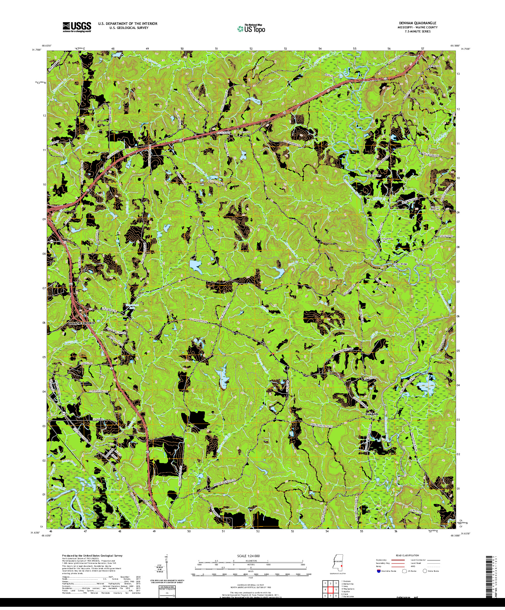 USGS US TOPO 7.5-MINUTE MAP FOR DENHAM, MS 2020
