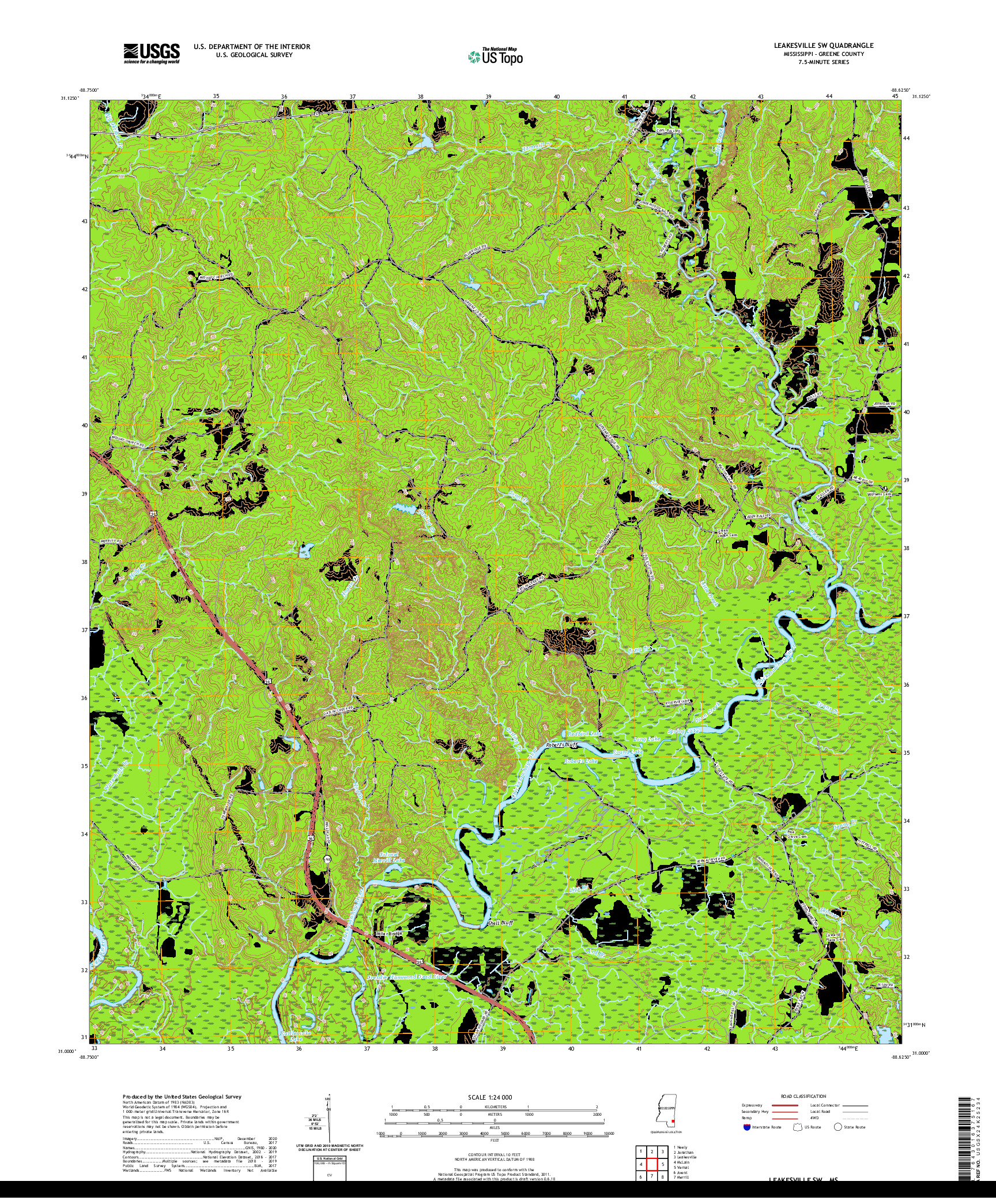 USGS US TOPO 7.5-MINUTE MAP FOR LEAKESVILLE SW, MS 2020