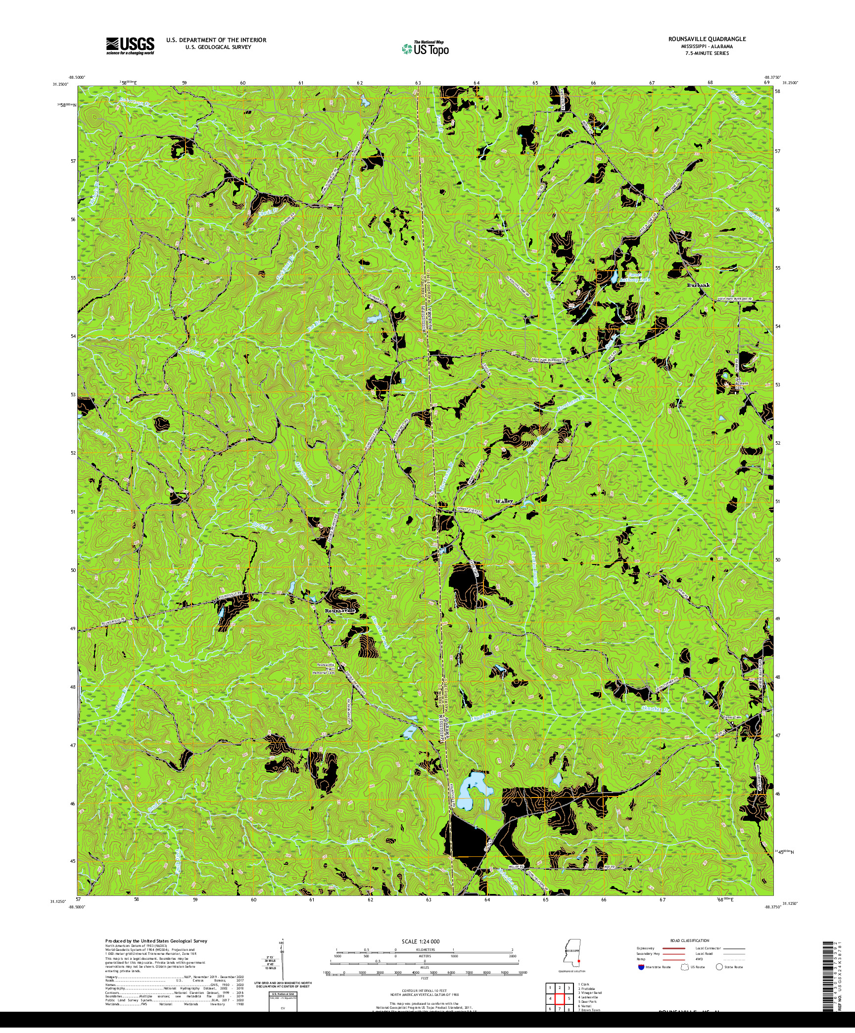 USGS US TOPO 7.5-MINUTE MAP FOR ROUNSAVILLE, MS,AL 2020