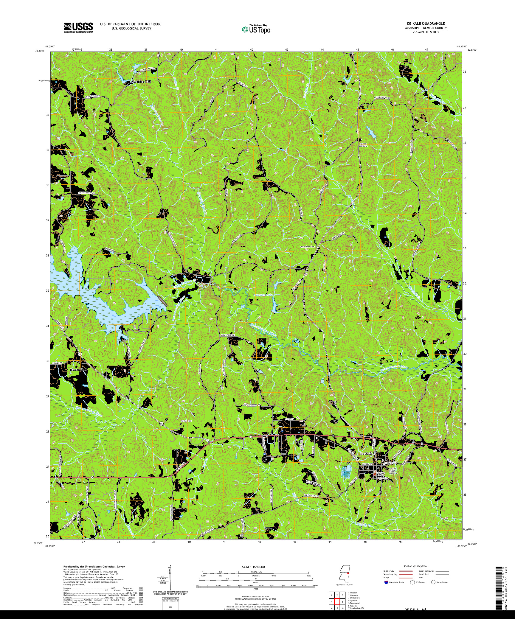 USGS US TOPO 7.5-MINUTE MAP FOR DE KALB, MS 2020