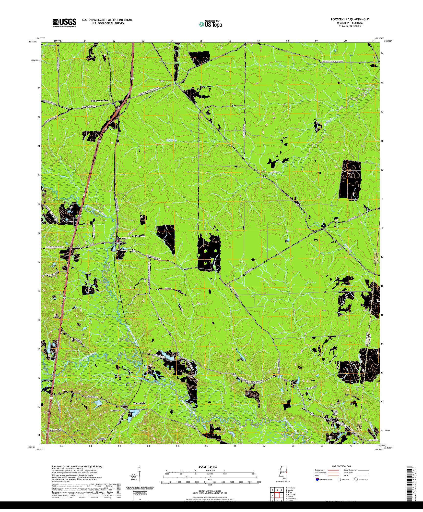 USGS US TOPO 7.5-MINUTE MAP FOR PORTERVILLE, MS,AL 2020