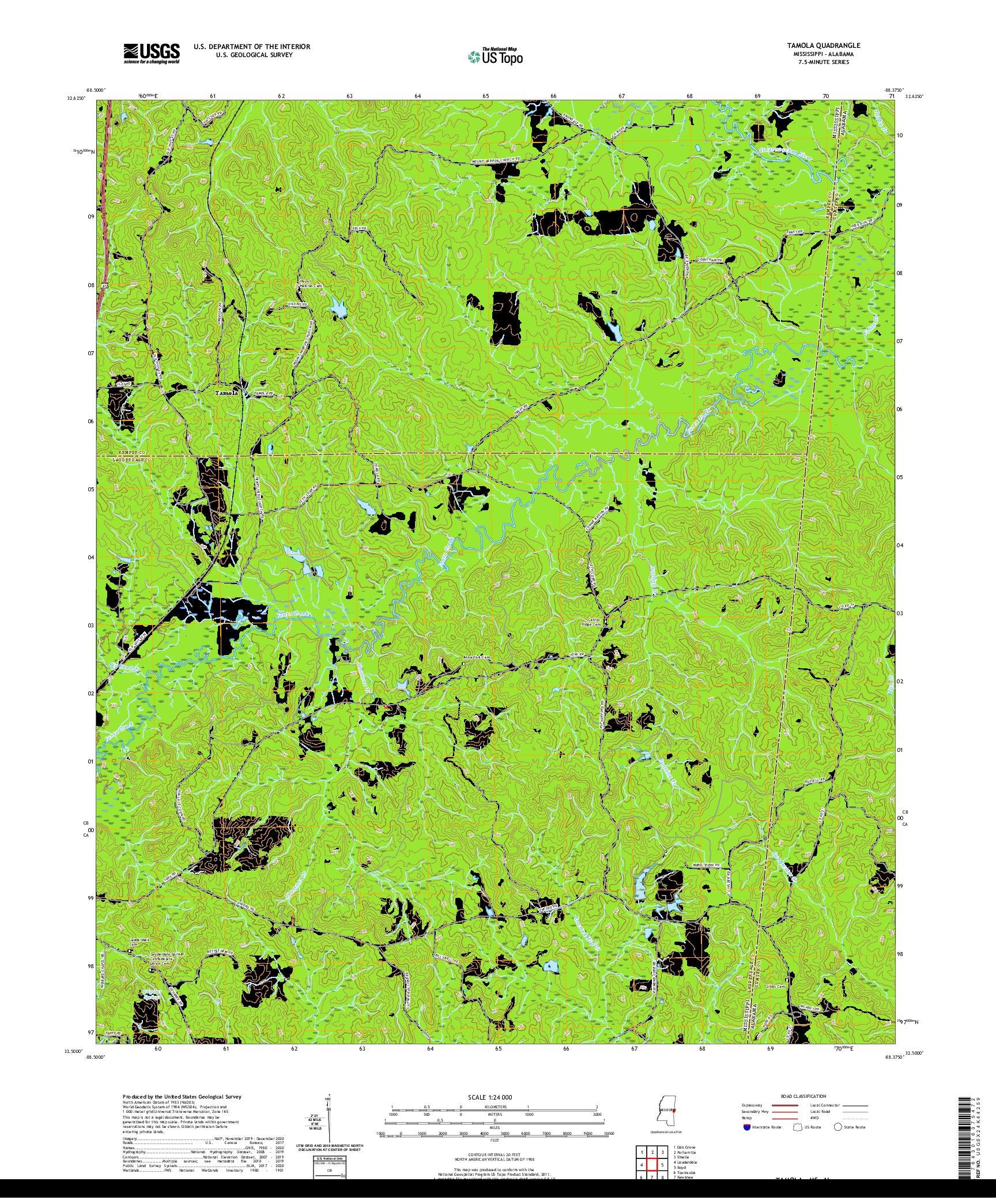 USGS US TOPO 7.5-MINUTE MAP FOR TAMOLA, MS,AL 2020