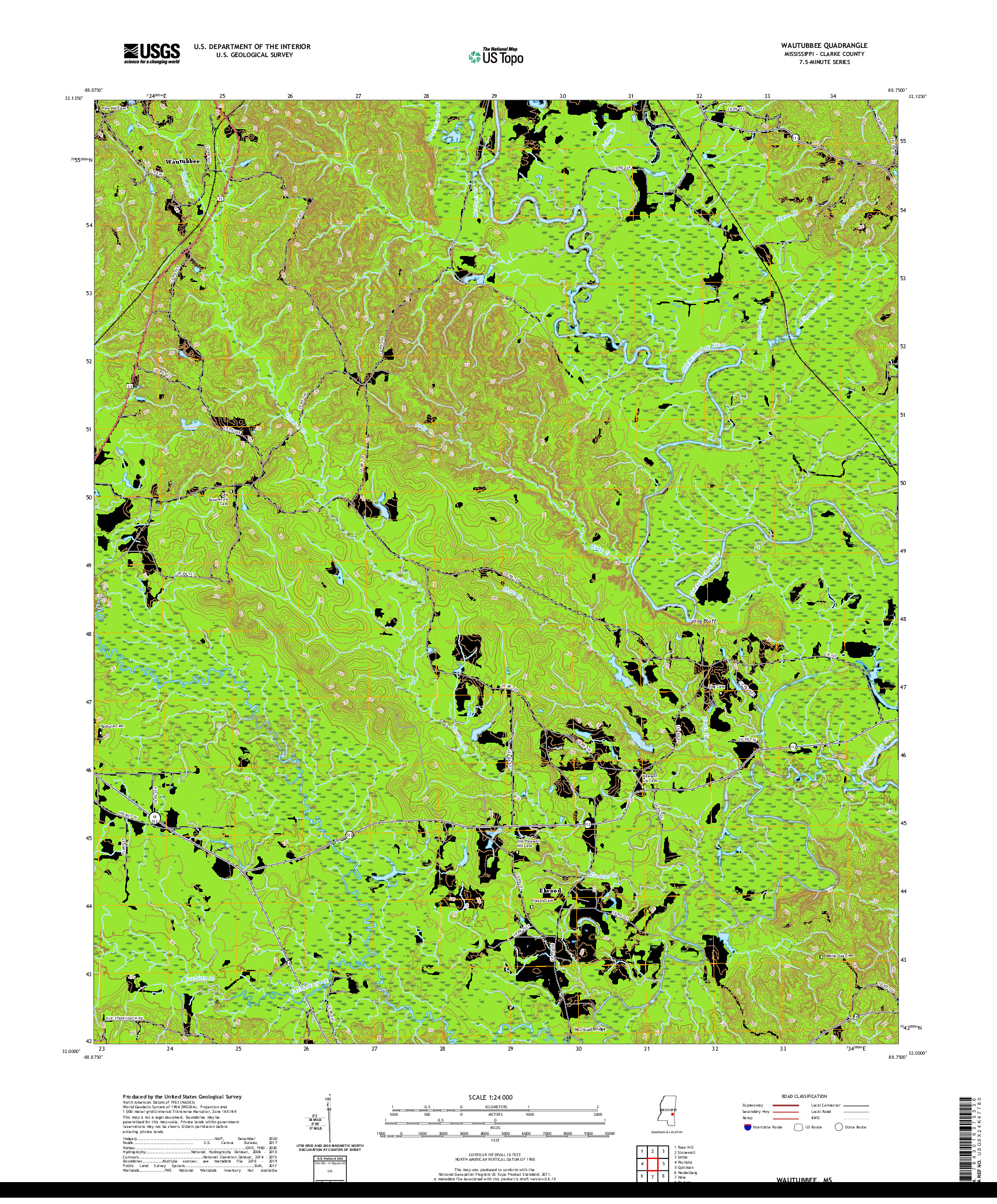 USGS US TOPO 7.5-MINUTE MAP FOR WAUTUBBEE, MS 2020