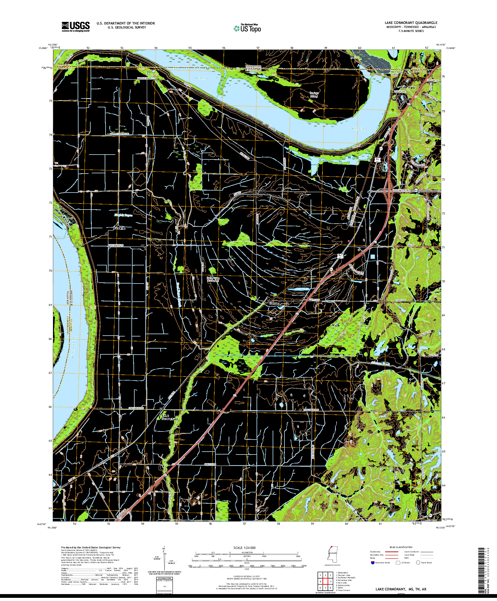 USGS US TOPO 7.5-MINUTE MAP FOR LAKE CORMORANT, MS,TN,AR 2020