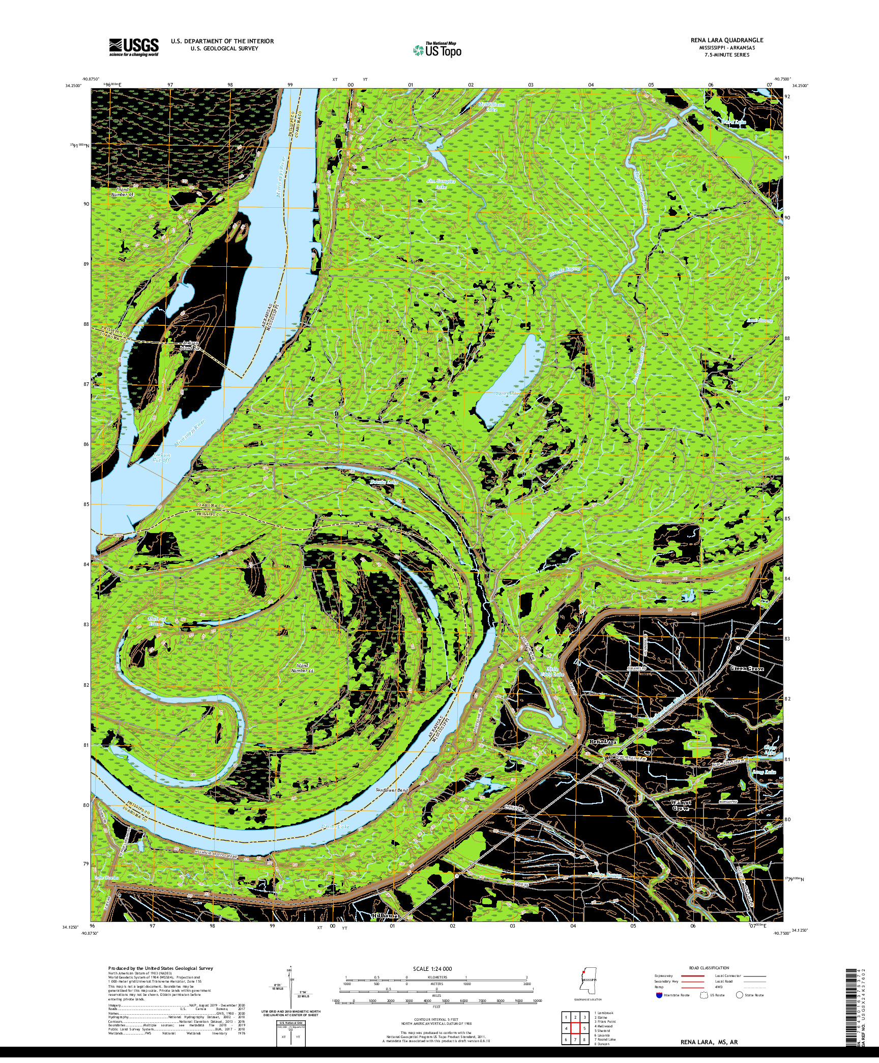 USGS US TOPO 7.5-MINUTE MAP FOR RENA LARA, MS,AR 2020