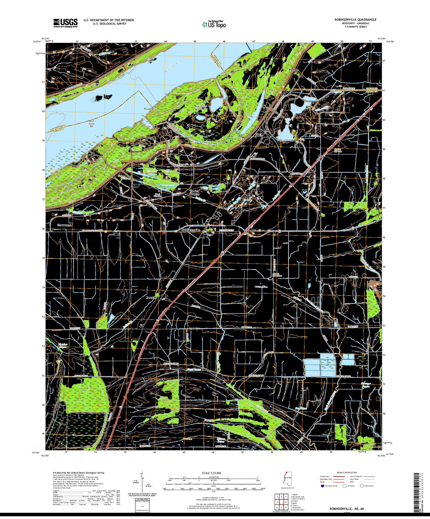 USGS US TOPO 7.5-MINUTE MAP FOR ROBINSONVILLE, MS,AR 2020