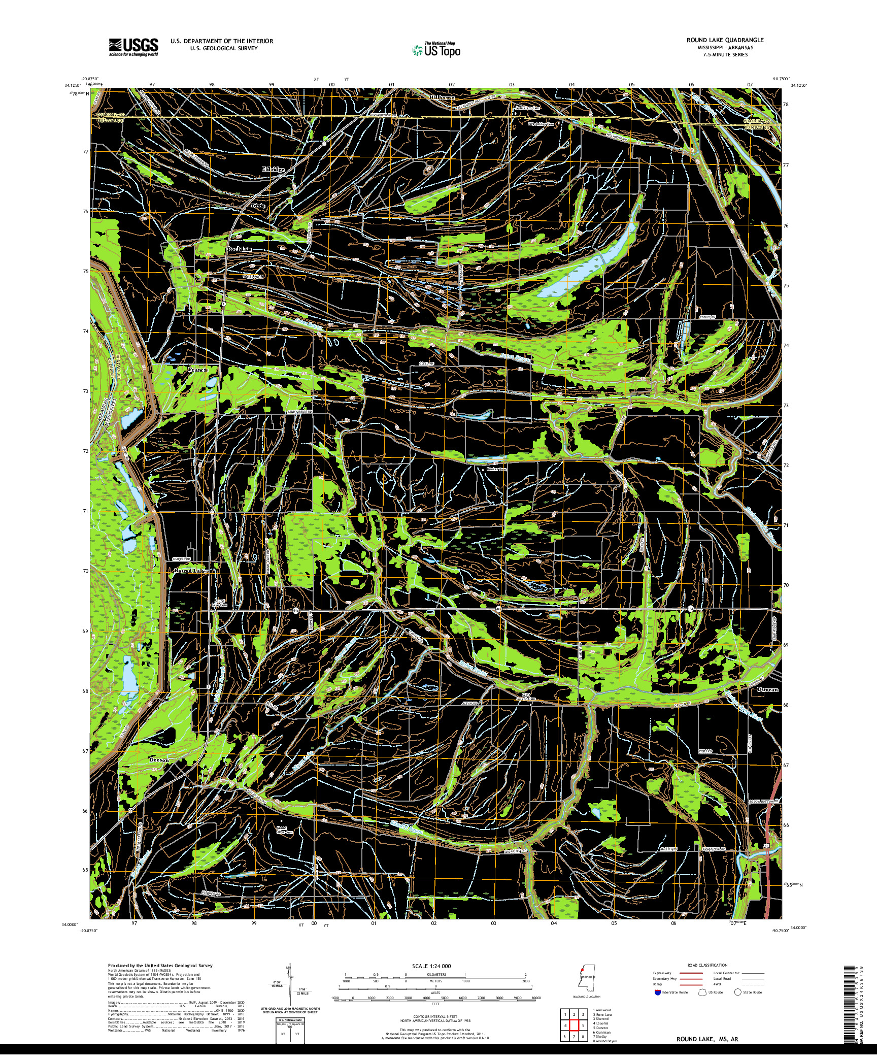 USGS US TOPO 7.5-MINUTE MAP FOR ROUND LAKE, MS,AR 2020