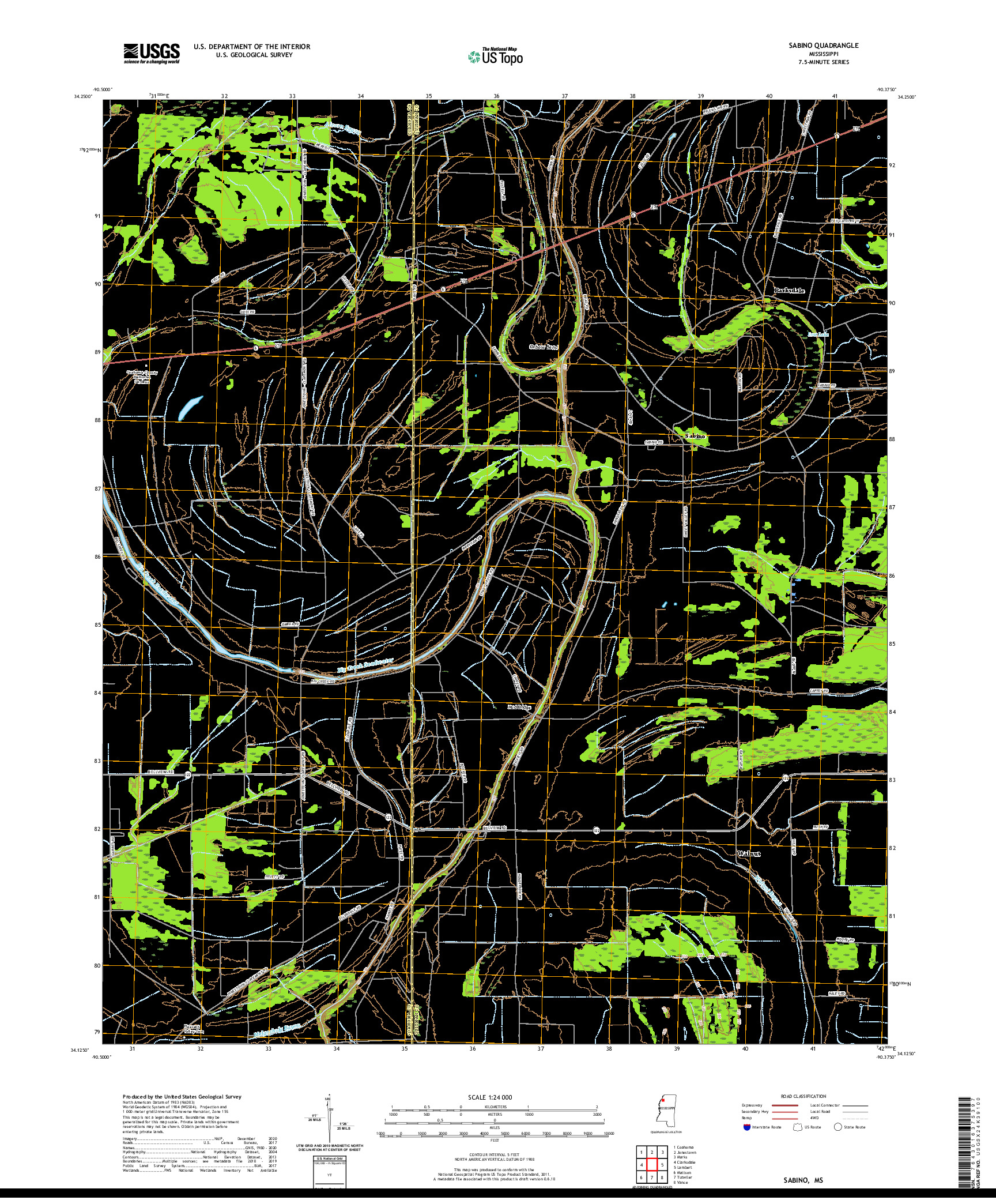 USGS US TOPO 7.5-MINUTE MAP FOR SABINO, MS 2020