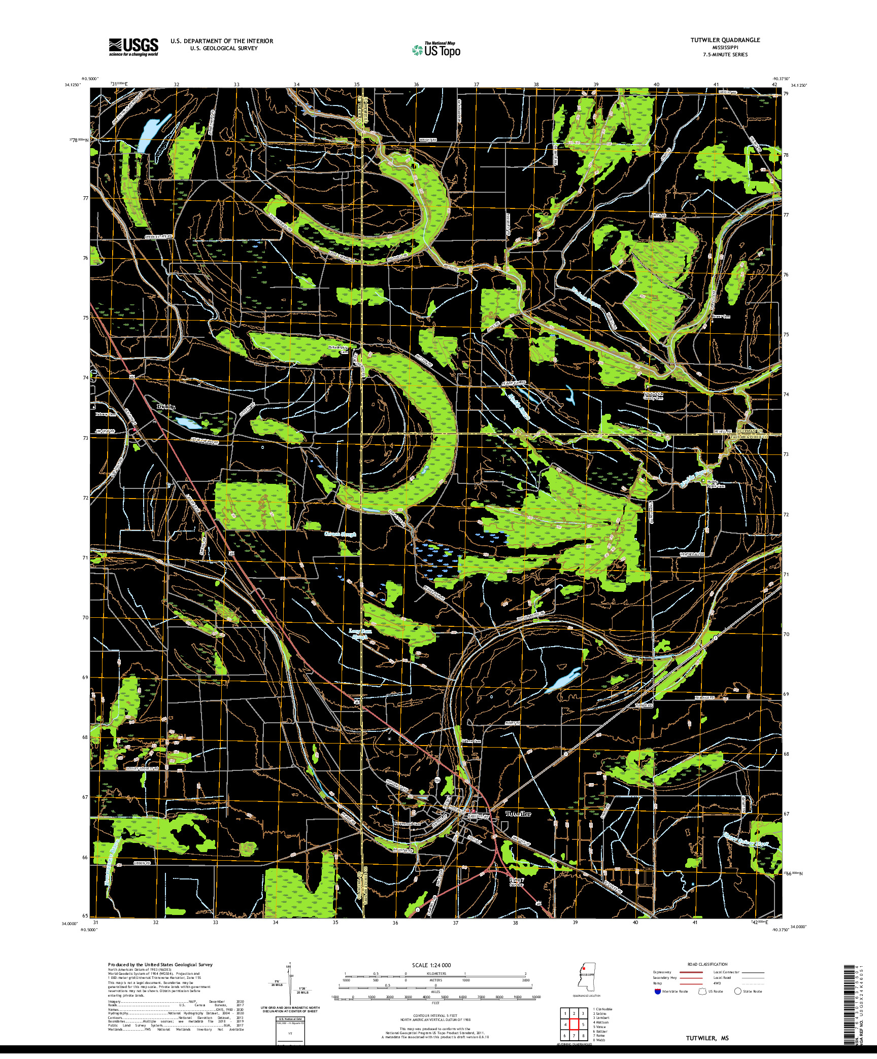 USGS US TOPO 7.5-MINUTE MAP FOR TUTWILER, MS 2020