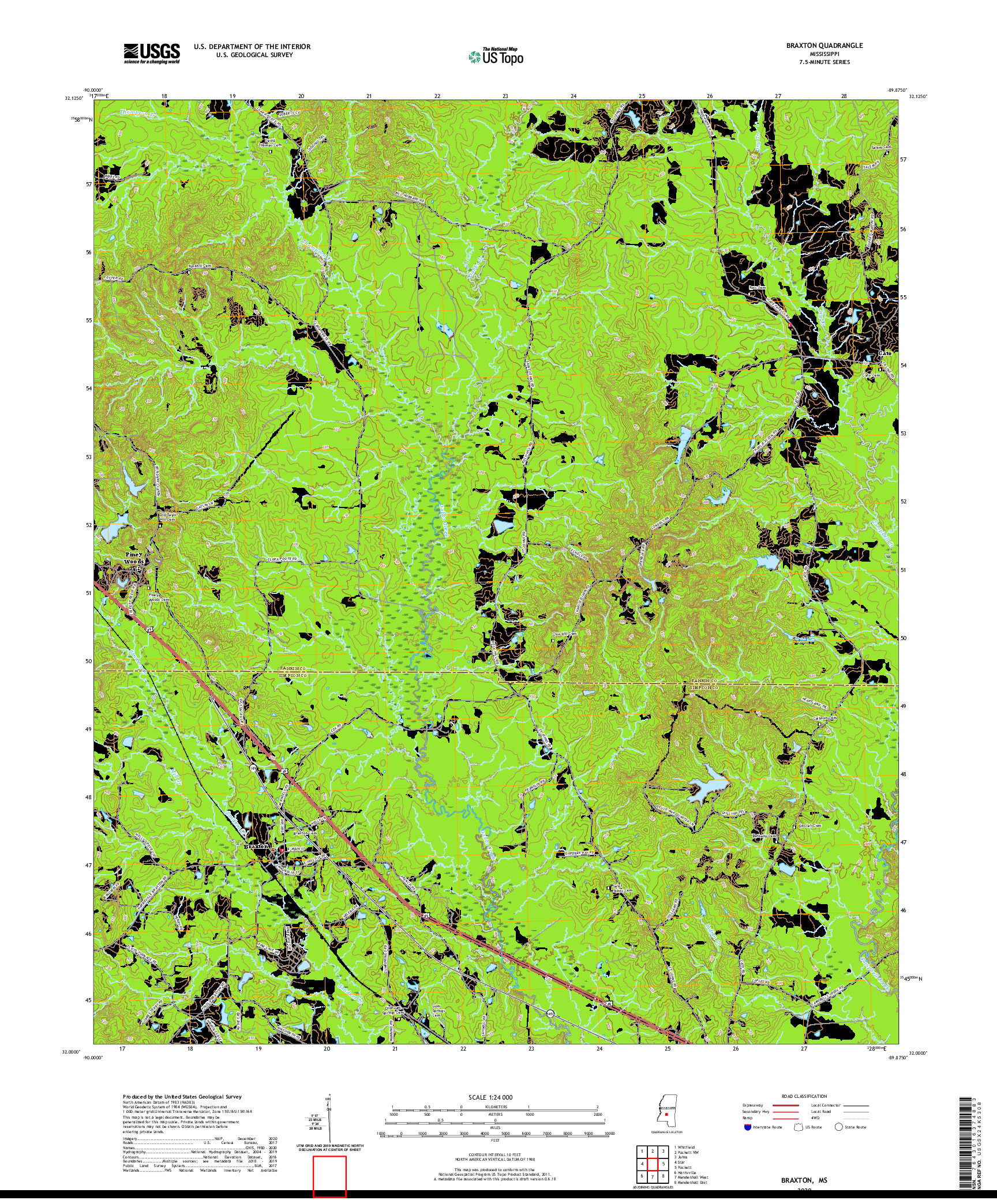USGS US TOPO 7.5-MINUTE MAP FOR BRAXTON, MS 2020