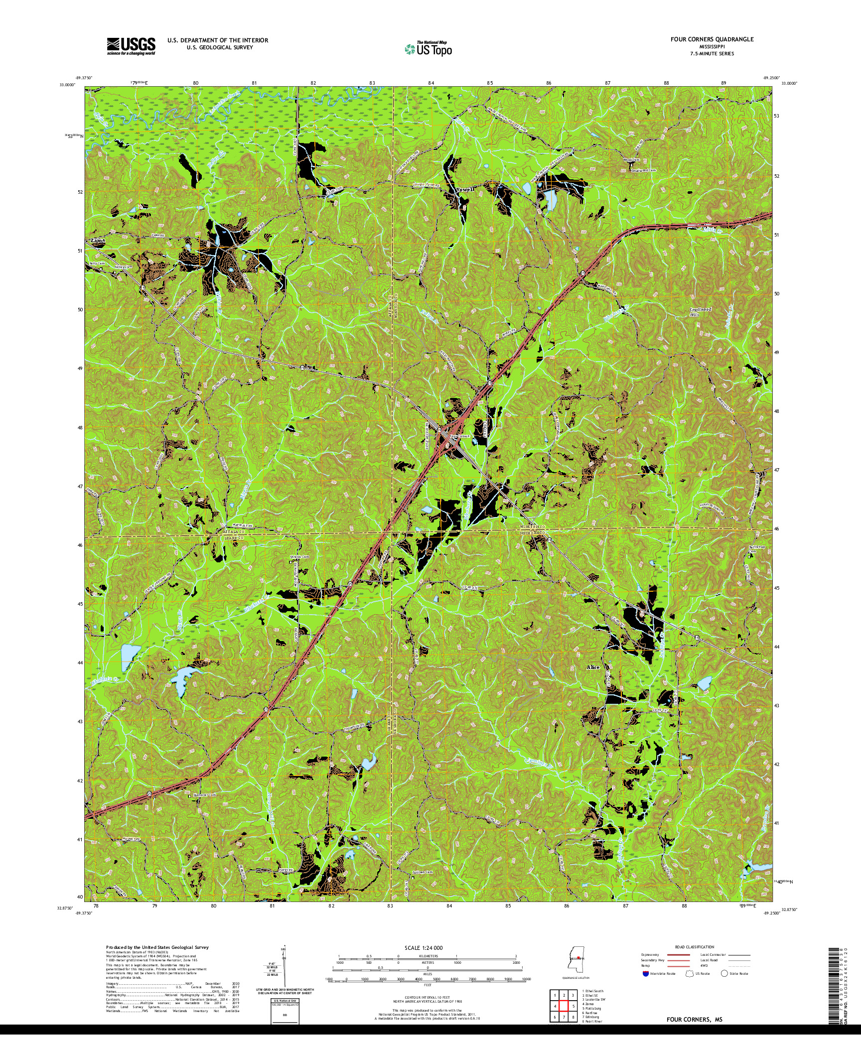 USGS US TOPO 7.5-MINUTE MAP FOR FOUR CORNERS, MS 2020