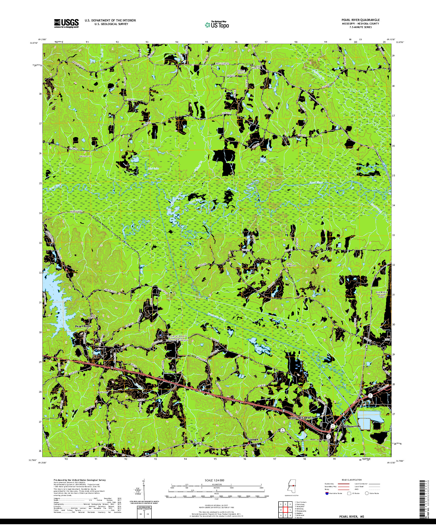 USGS US TOPO 7.5-MINUTE MAP FOR PEARL RIVER, MS 2020