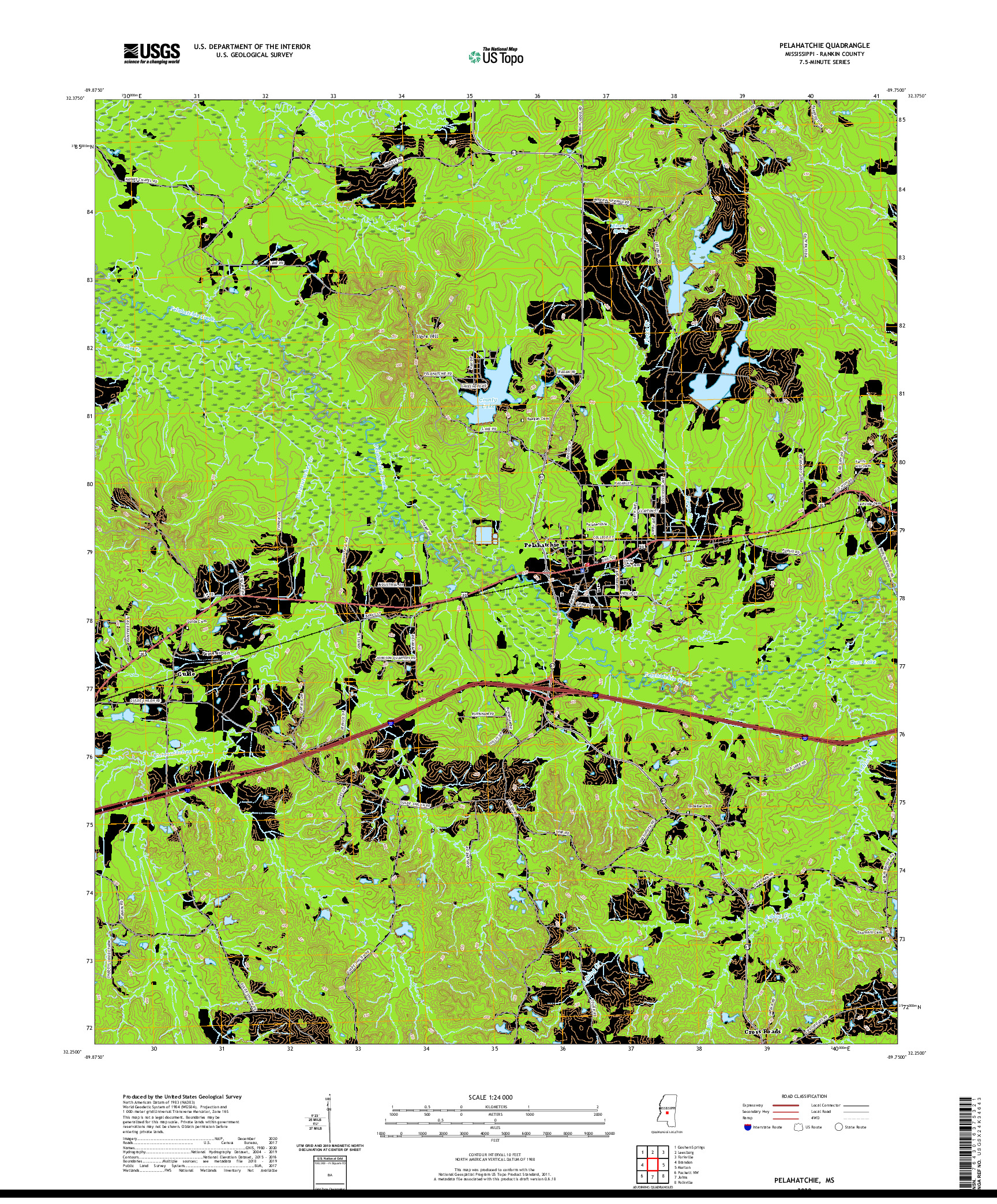 USGS US TOPO 7.5-MINUTE MAP FOR PELAHATCHIE, MS 2020