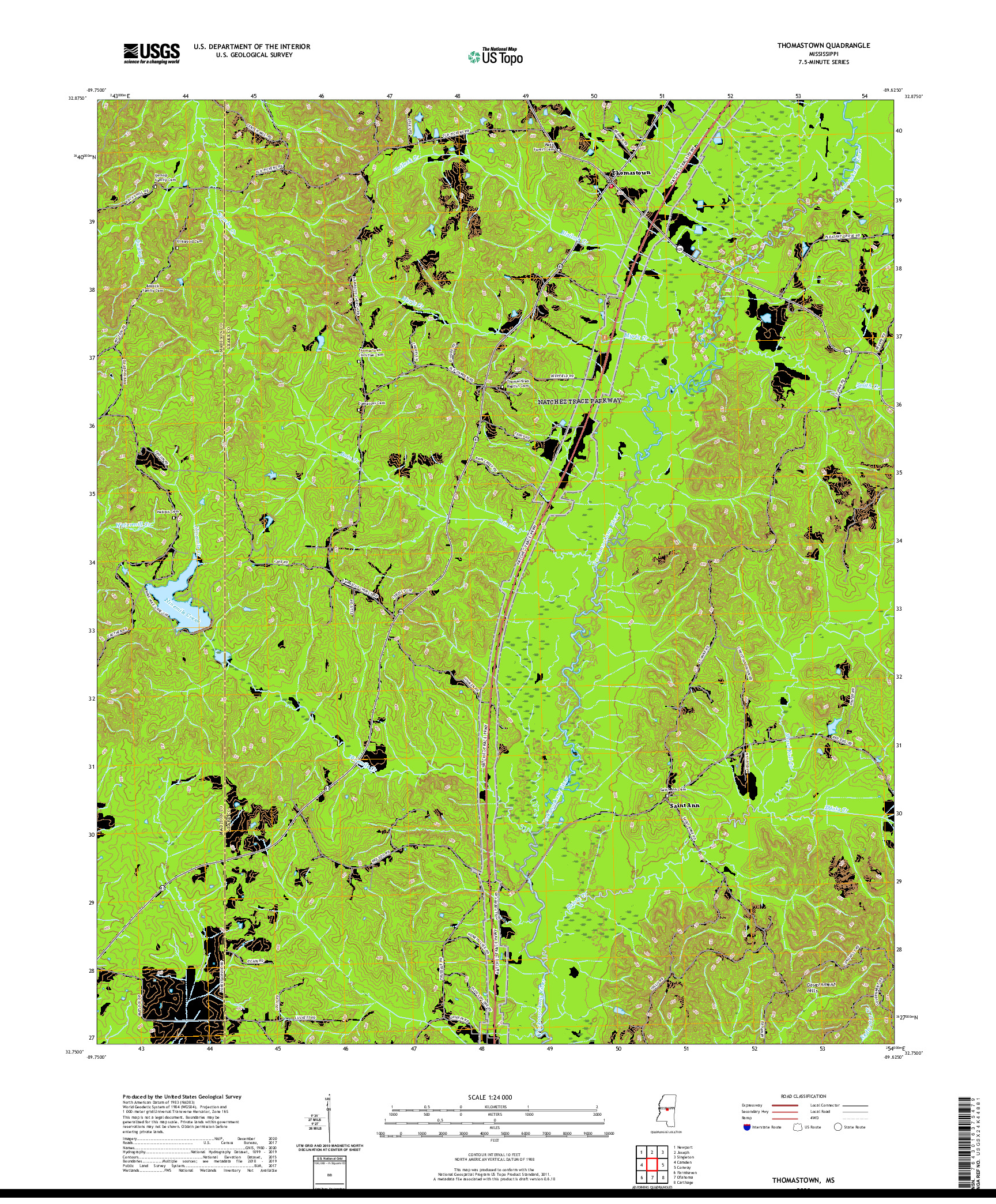 USGS US TOPO 7.5-MINUTE MAP FOR THOMASTOWN, MS 2020