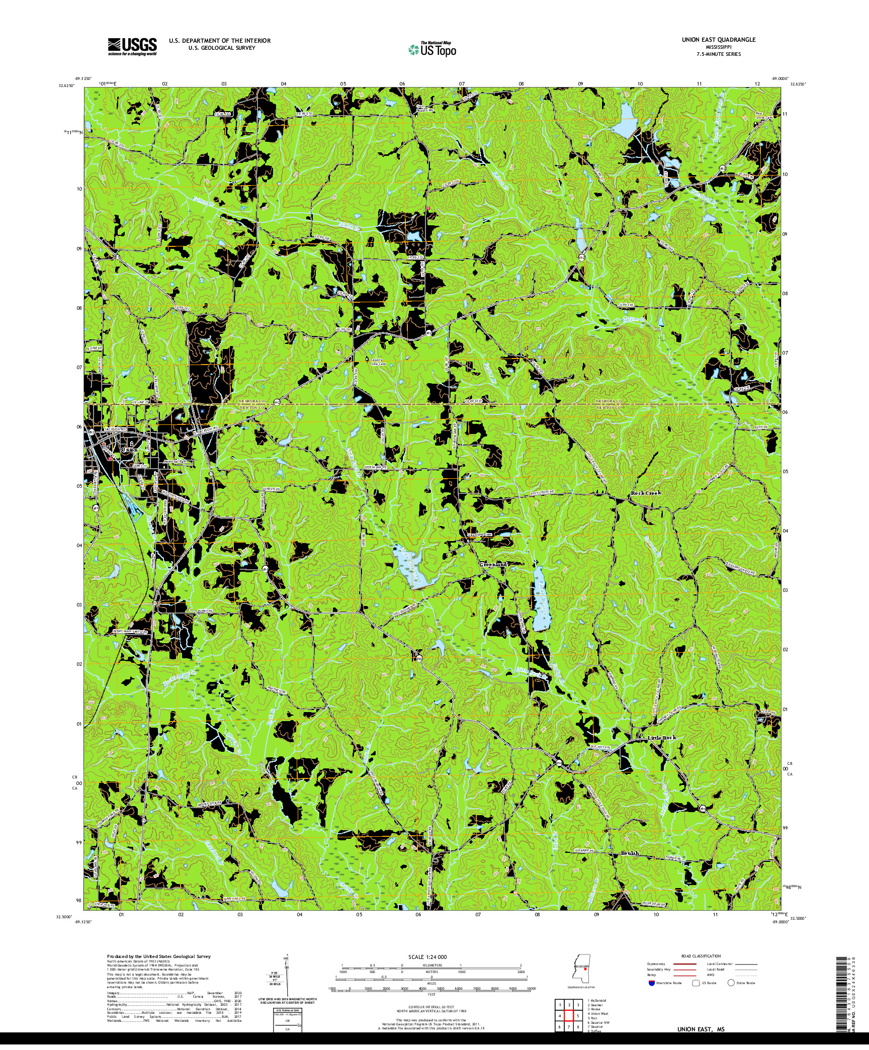 USGS US TOPO 7.5-MINUTE MAP FOR UNION EAST, MS 2020