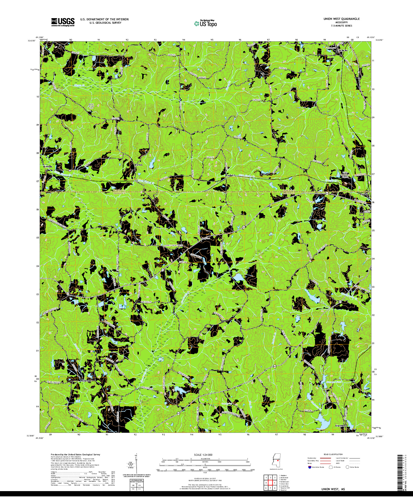 USGS US TOPO 7.5-MINUTE MAP FOR UNION WEST, MS 2020