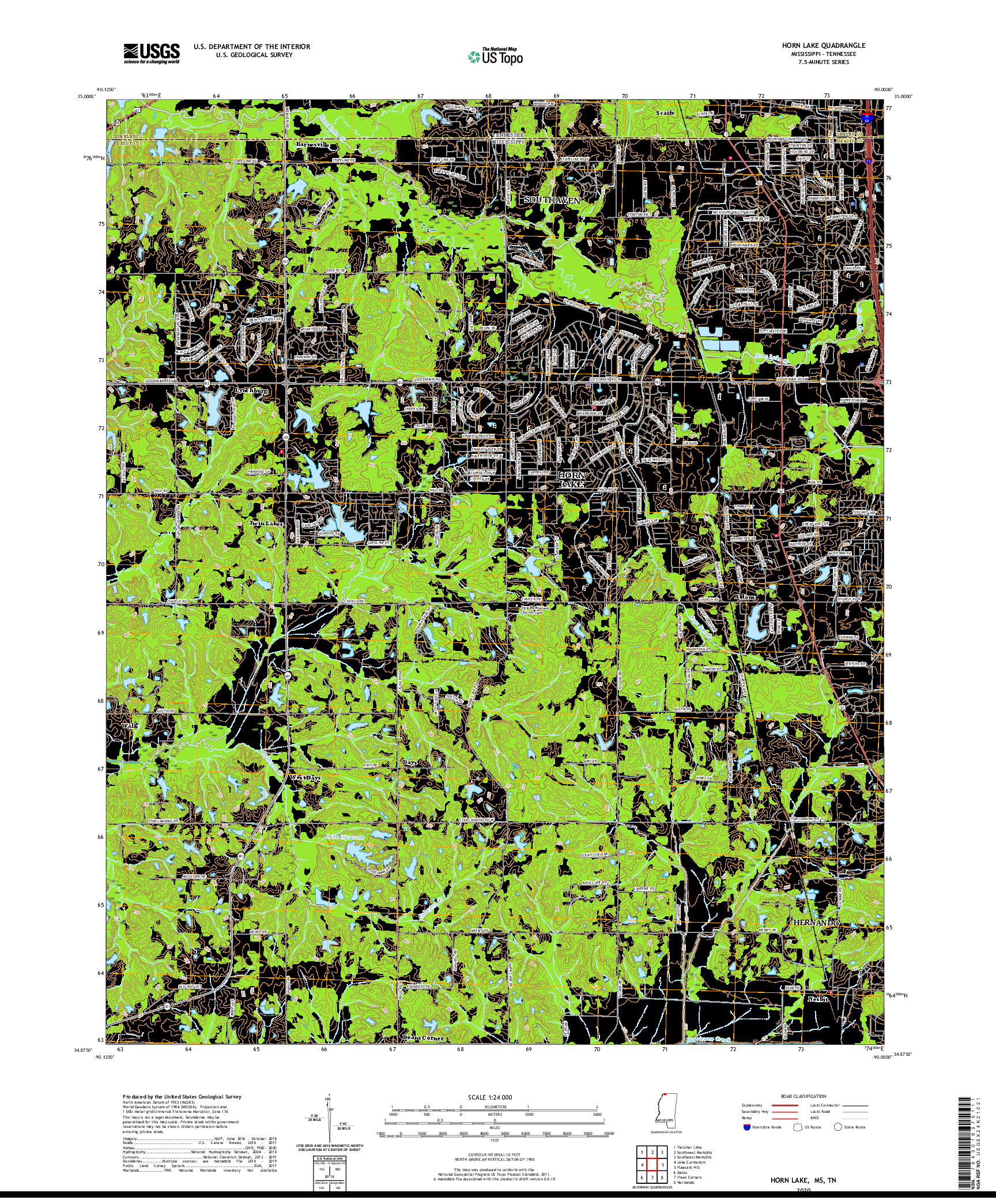 USGS US TOPO 7.5-MINUTE MAP FOR HORN LAKE, MS,TN 2020