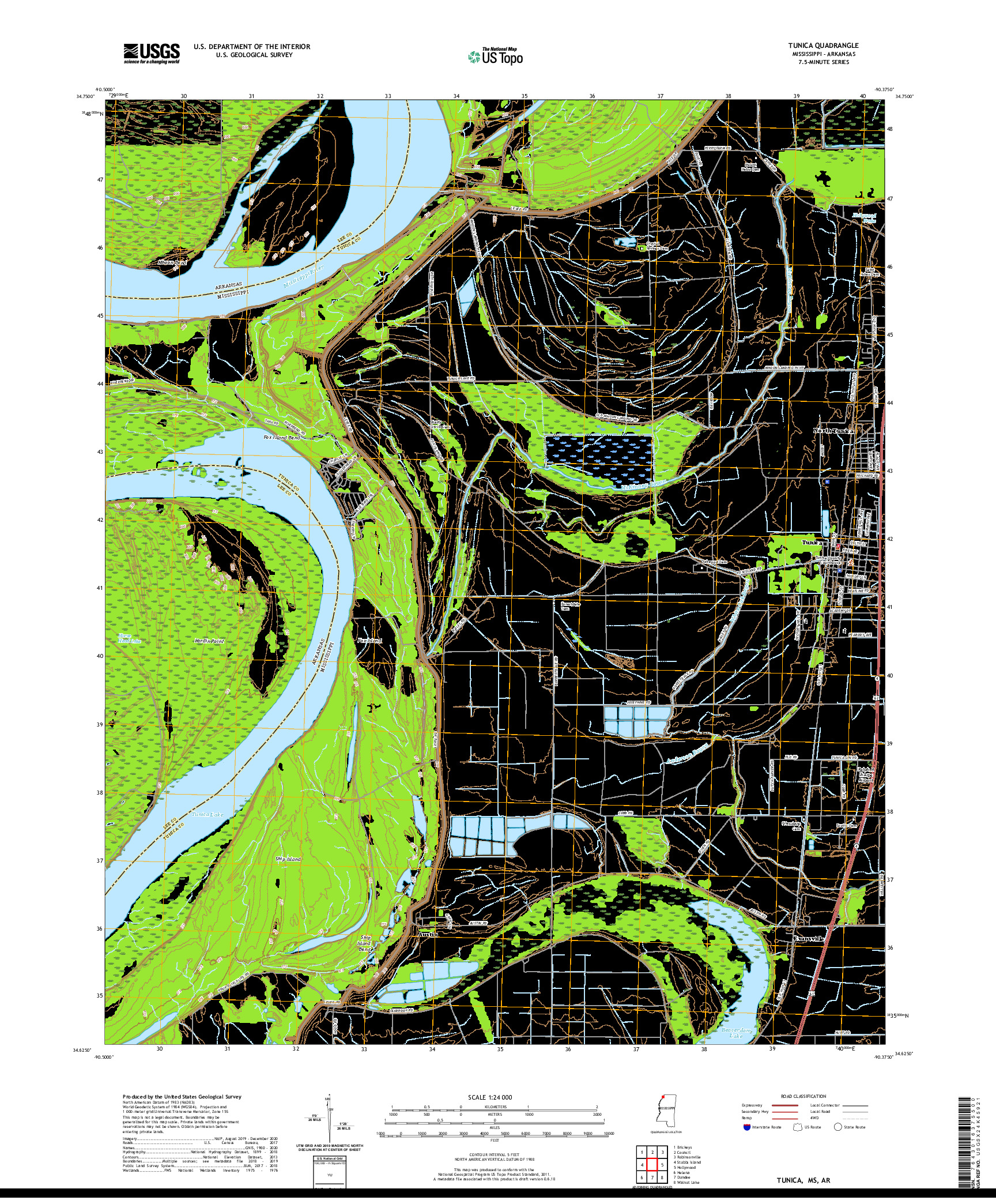 USGS US TOPO 7.5-MINUTE MAP FOR TUNICA, MS,AR 2020