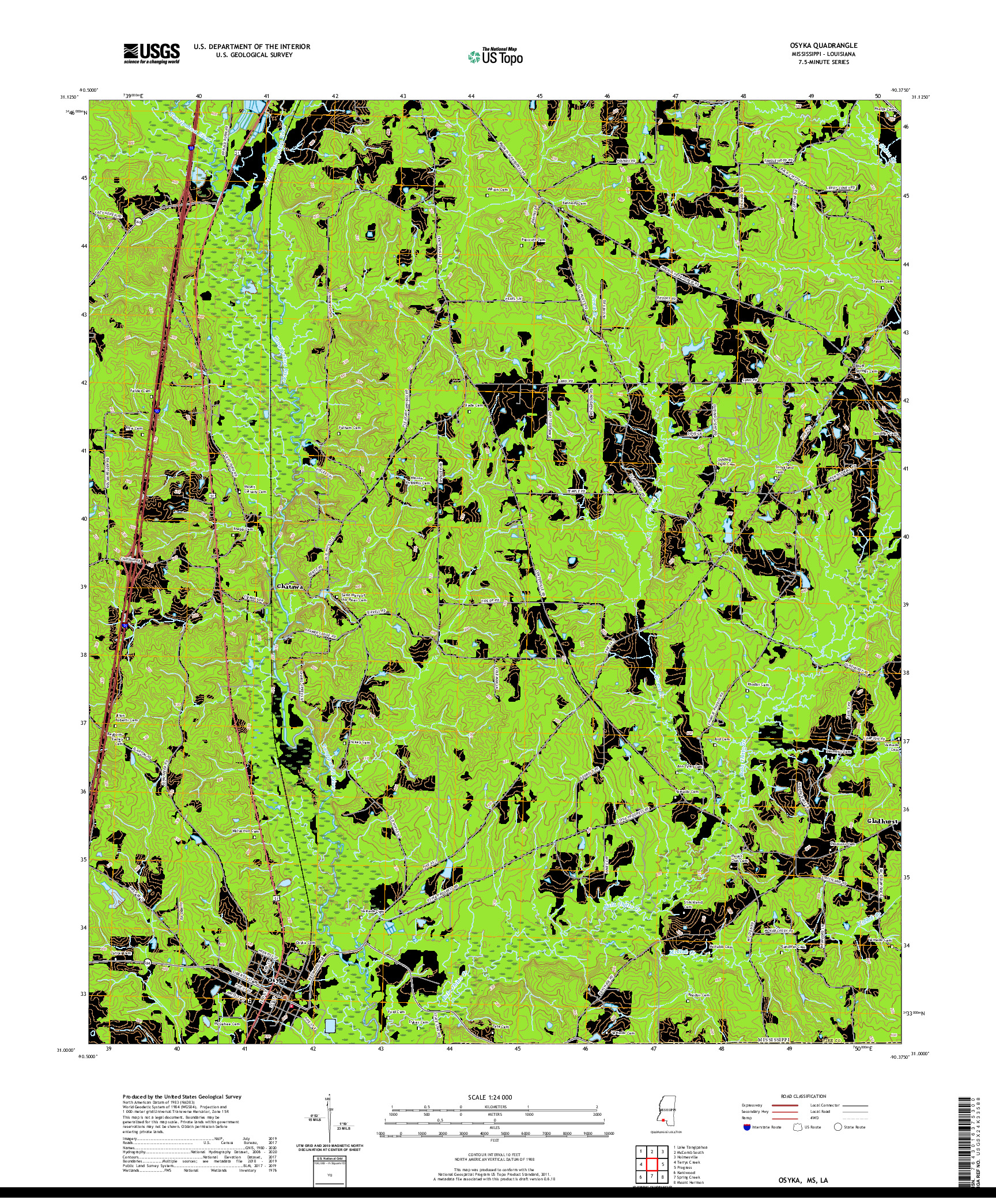 USGS US TOPO 7.5-MINUTE MAP FOR OSYKA, MS,LA 2020
