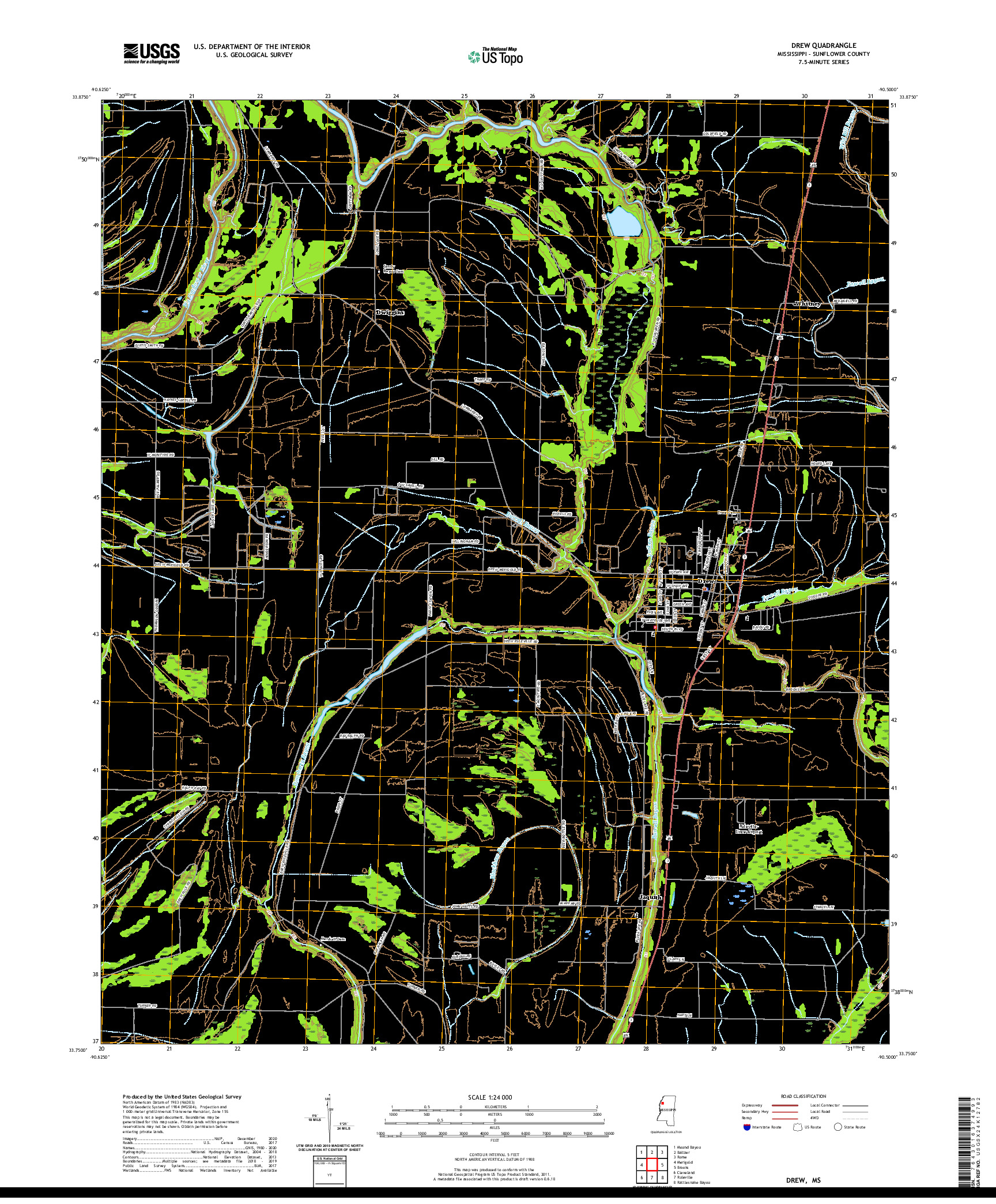 USGS US TOPO 7.5-MINUTE MAP FOR DREW, MS 2020