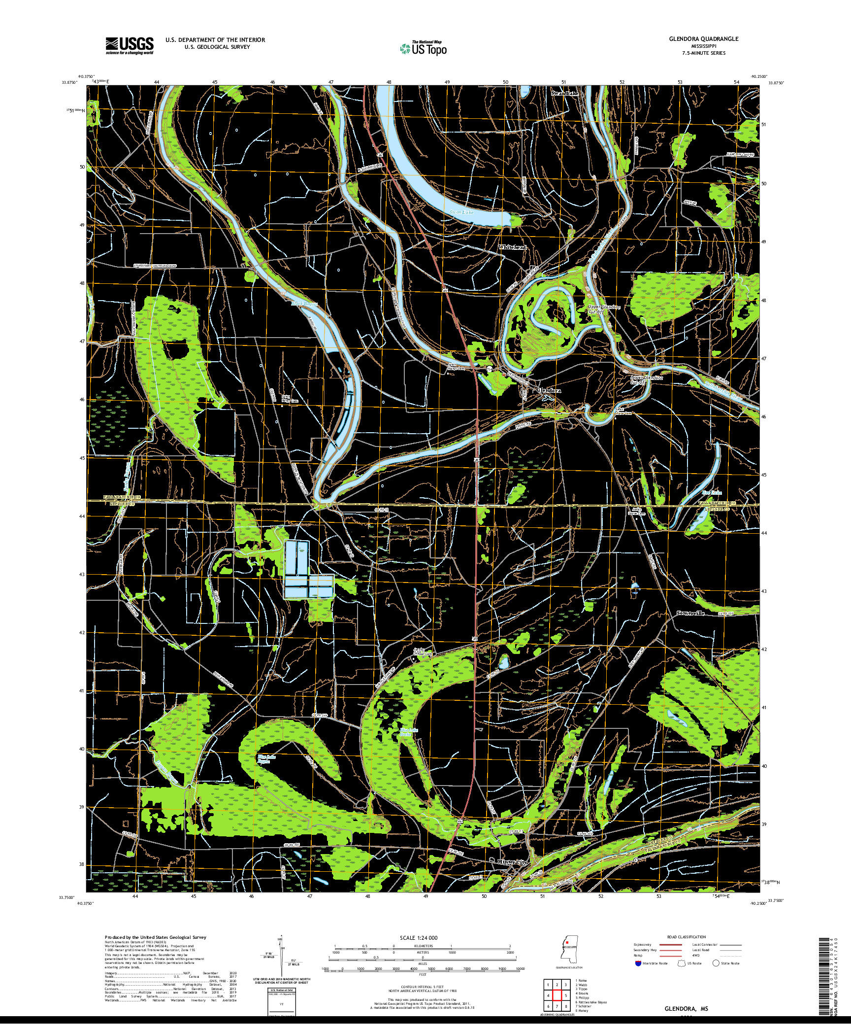 USGS US TOPO 7.5-MINUTE MAP FOR GLENDORA, MS 2020