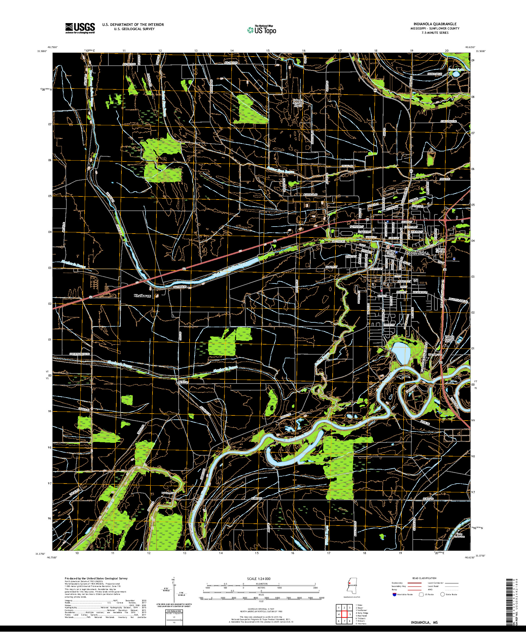 USGS US TOPO 7.5-MINUTE MAP FOR INDIANOLA, MS 2020