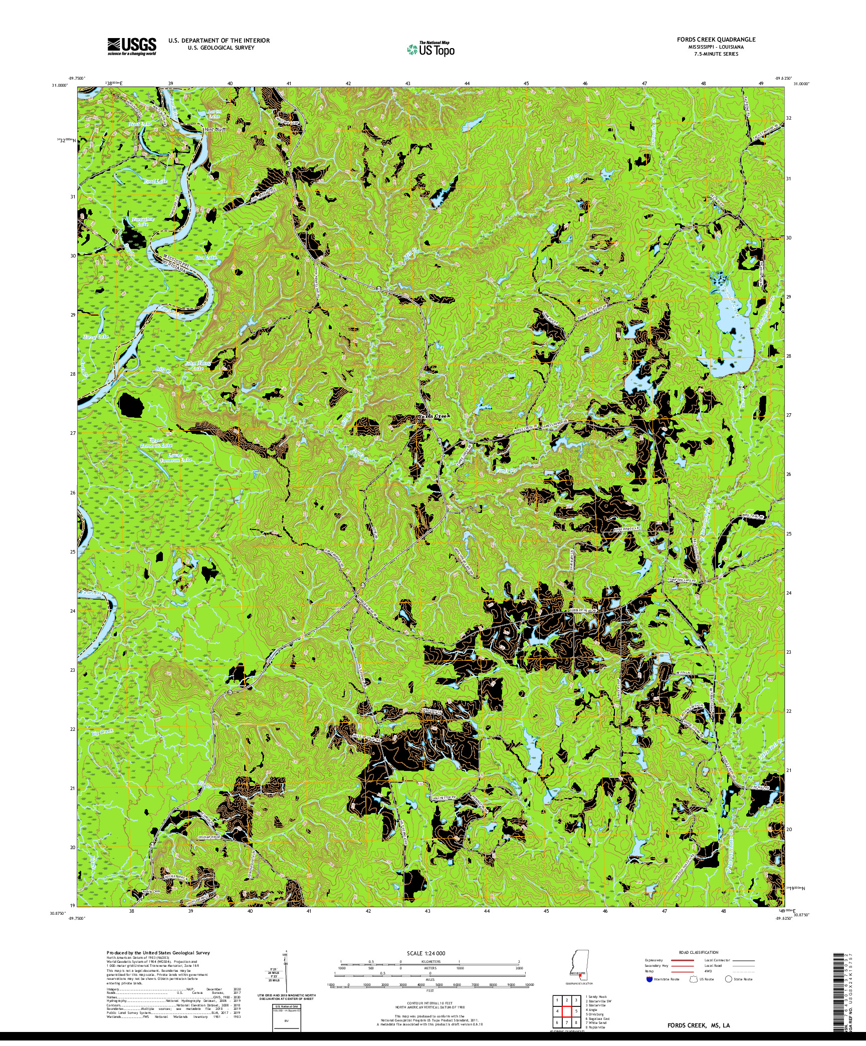 USGS US TOPO 7.5-MINUTE MAP FOR FORDS CREEK, MS,LA 2020