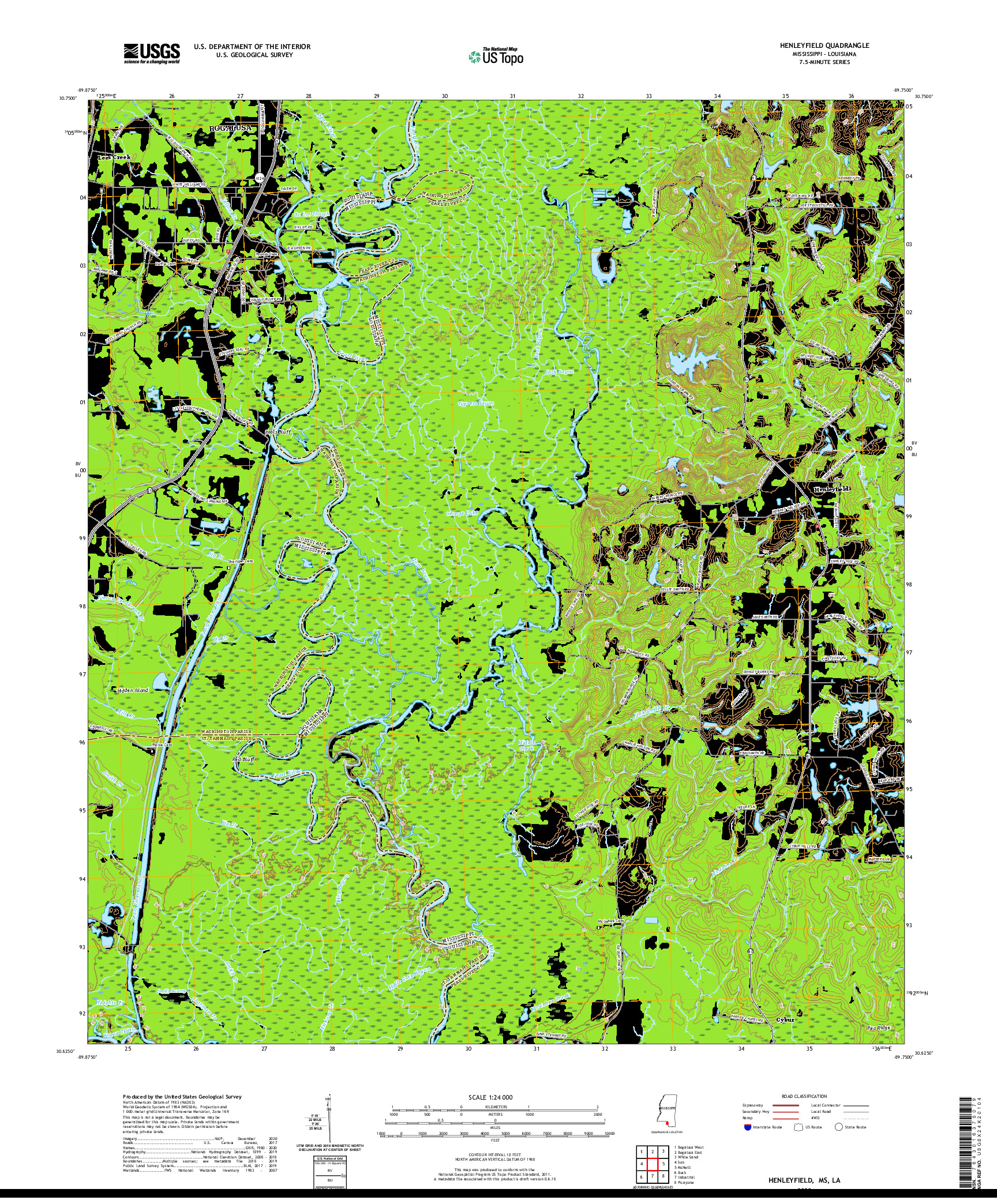 USGS US TOPO 7.5-MINUTE MAP FOR HENLEYFIELD, MS,LA 2020