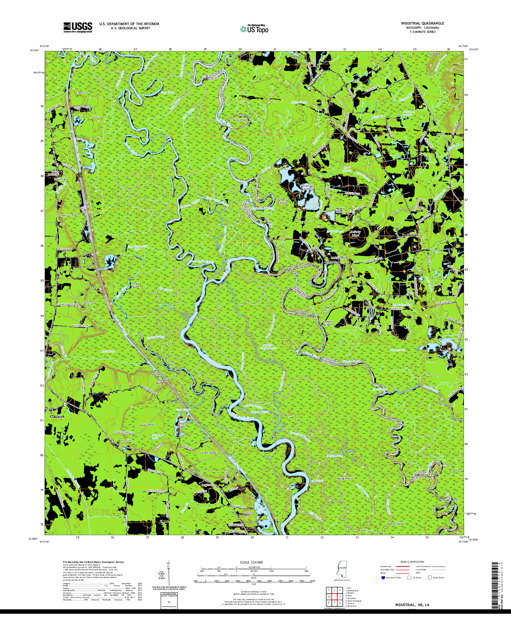 USGS US TOPO 7.5-MINUTE MAP FOR INDUSTRIAL, MS,LA 2020