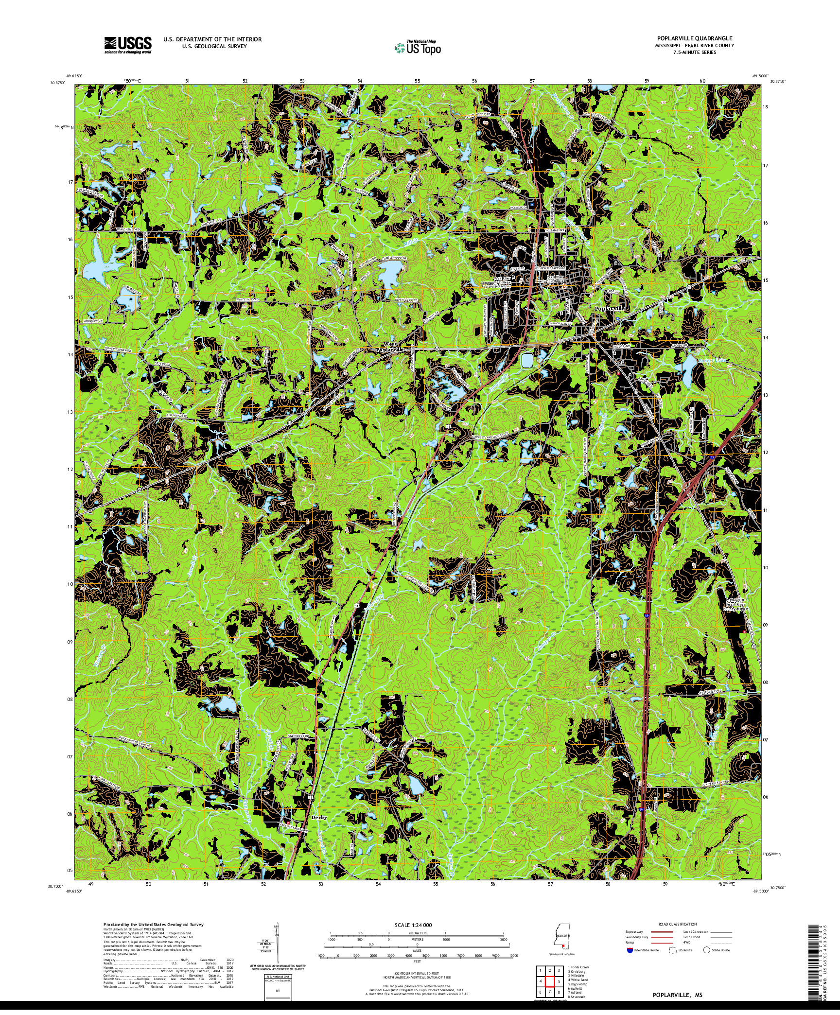 USGS US TOPO 7.5-MINUTE MAP FOR POPLARVILLE, MS 2020
