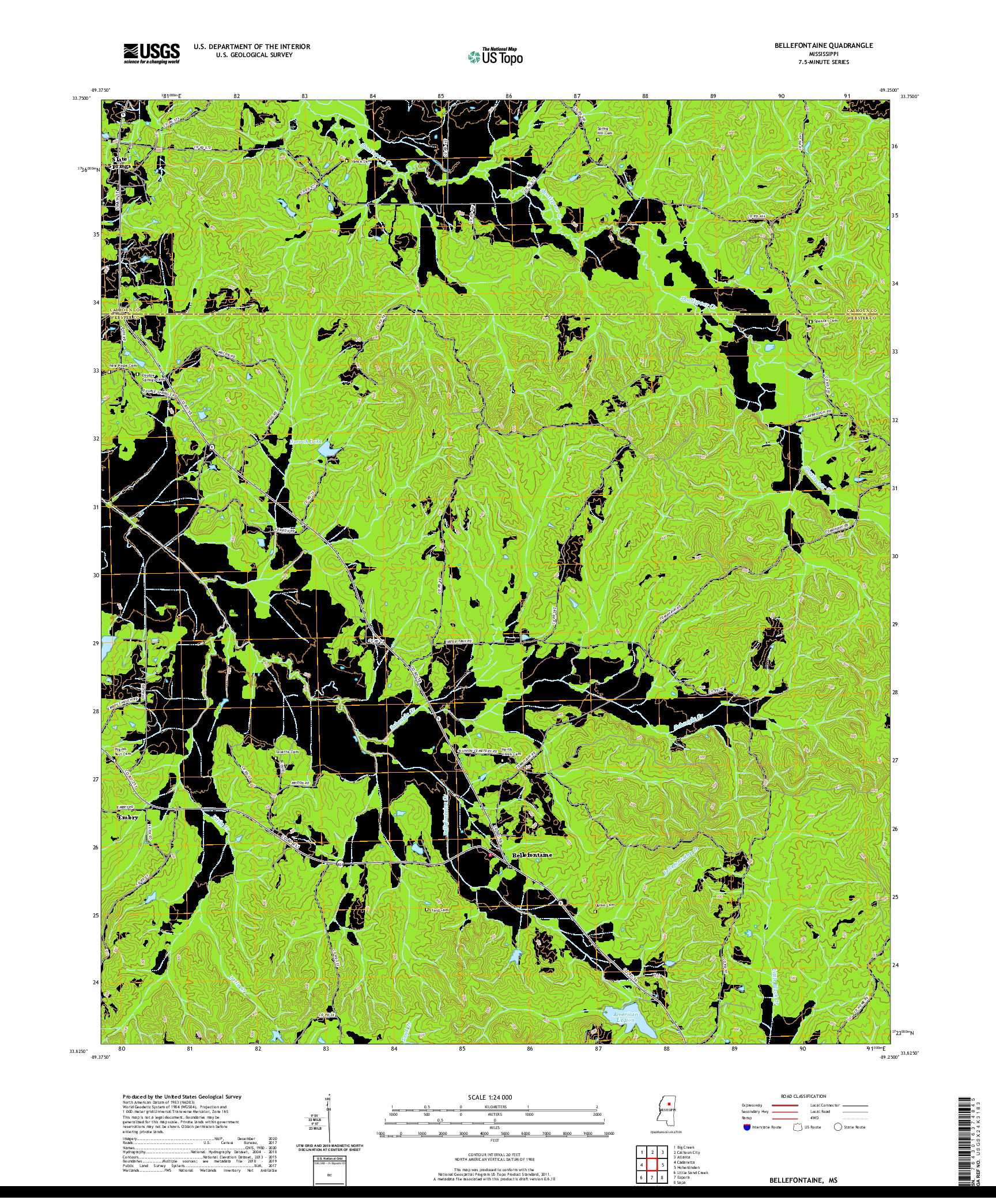 USGS US TOPO 7.5-MINUTE MAP FOR BELLEFONTAINE, MS 2020