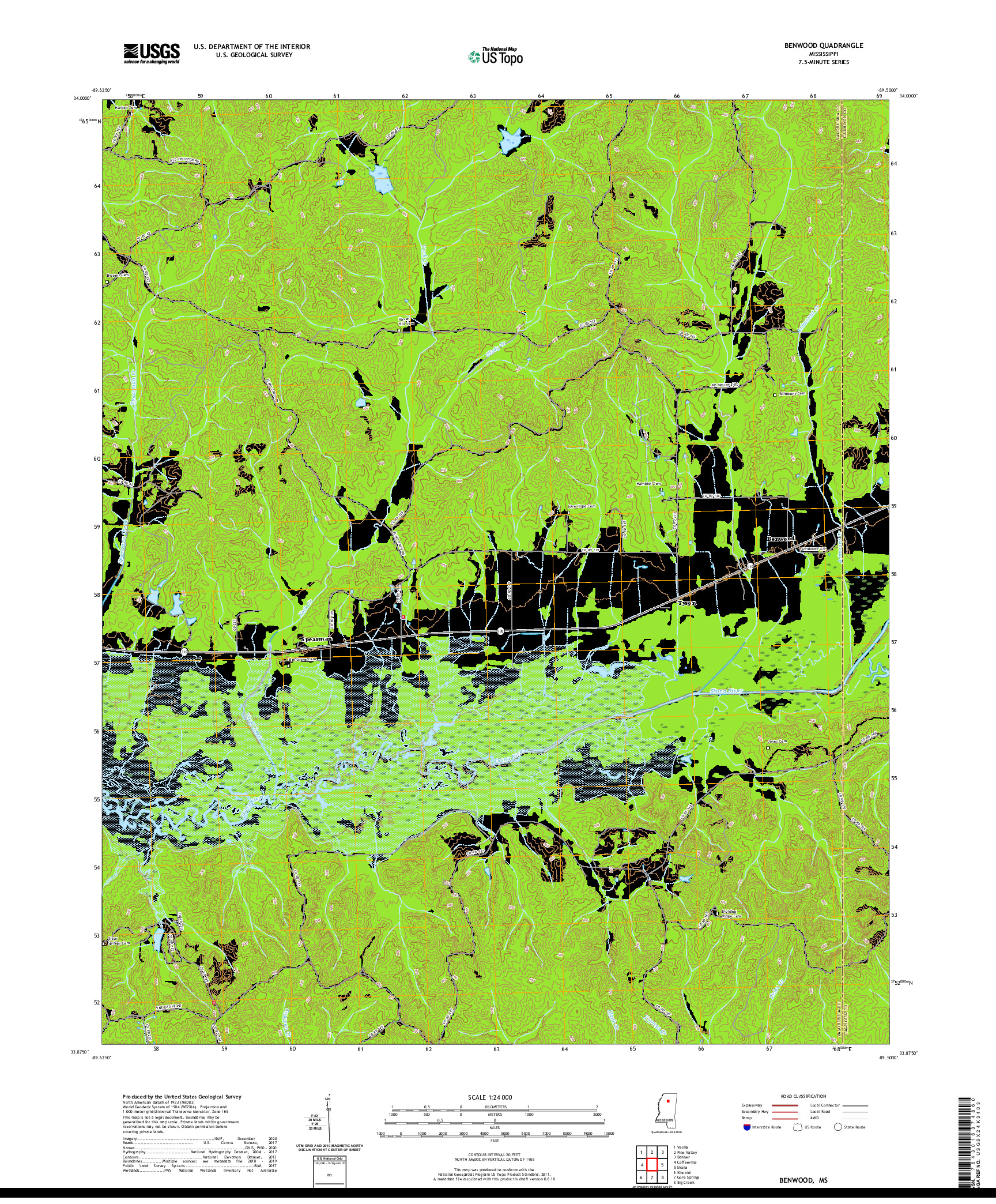 USGS US TOPO 7.5-MINUTE MAP FOR BENWOOD, MS 2020