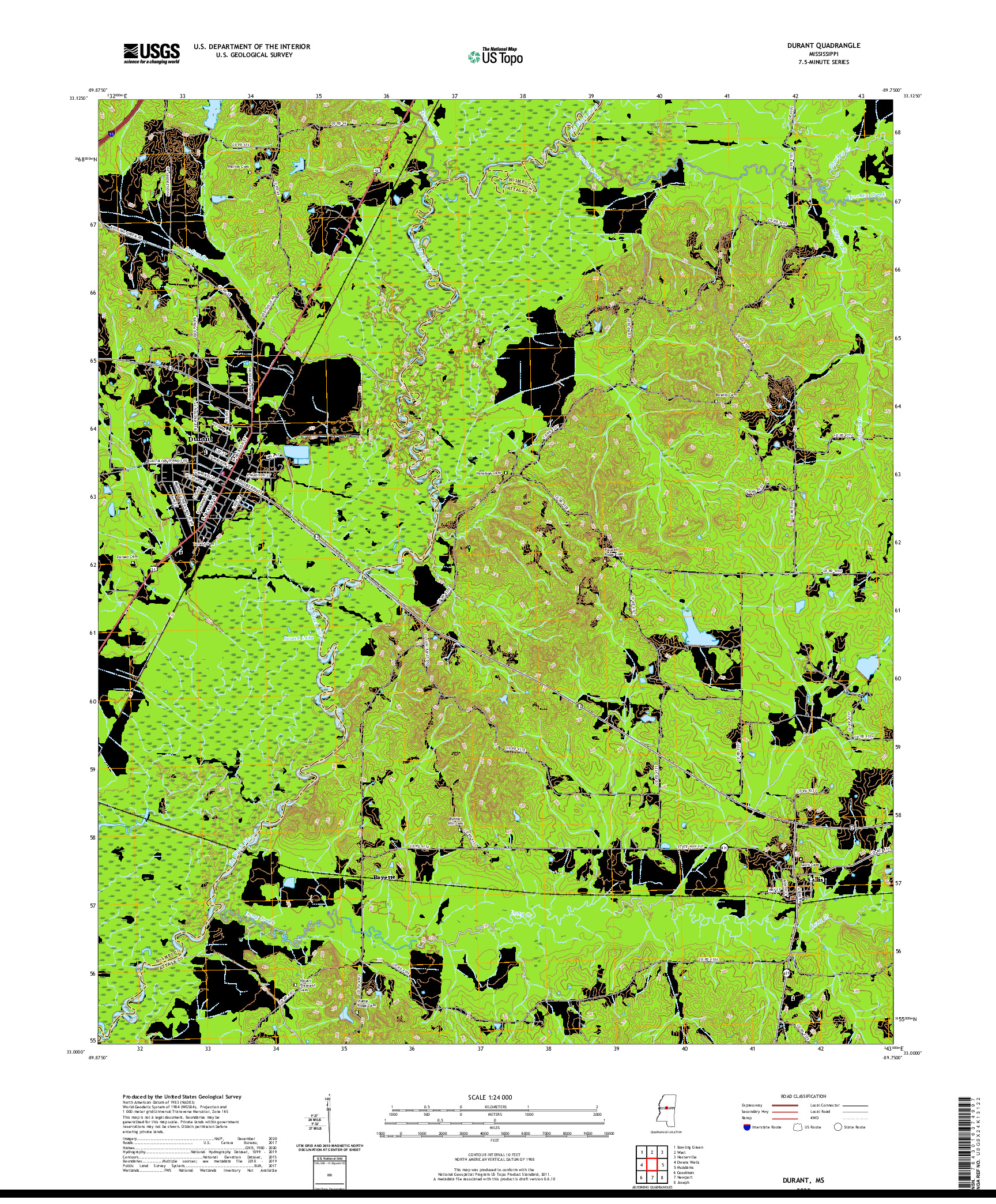 USGS US TOPO 7.5-MINUTE MAP FOR DURANT, MS 2020