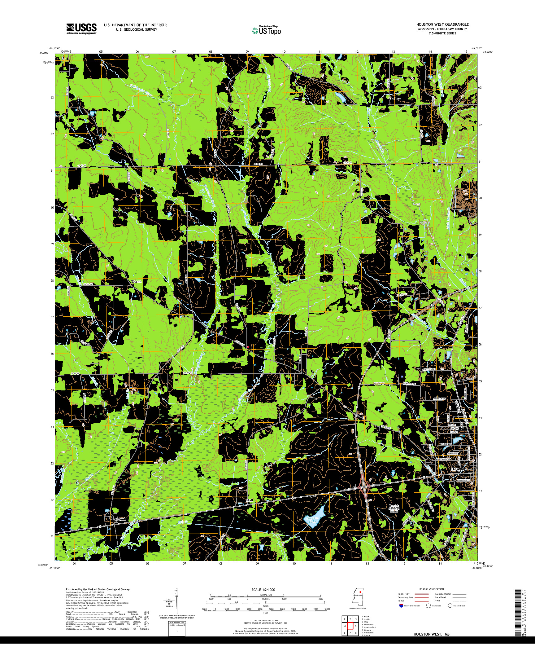 USGS US TOPO 7.5-MINUTE MAP FOR HOUSTON WEST, MS 2020