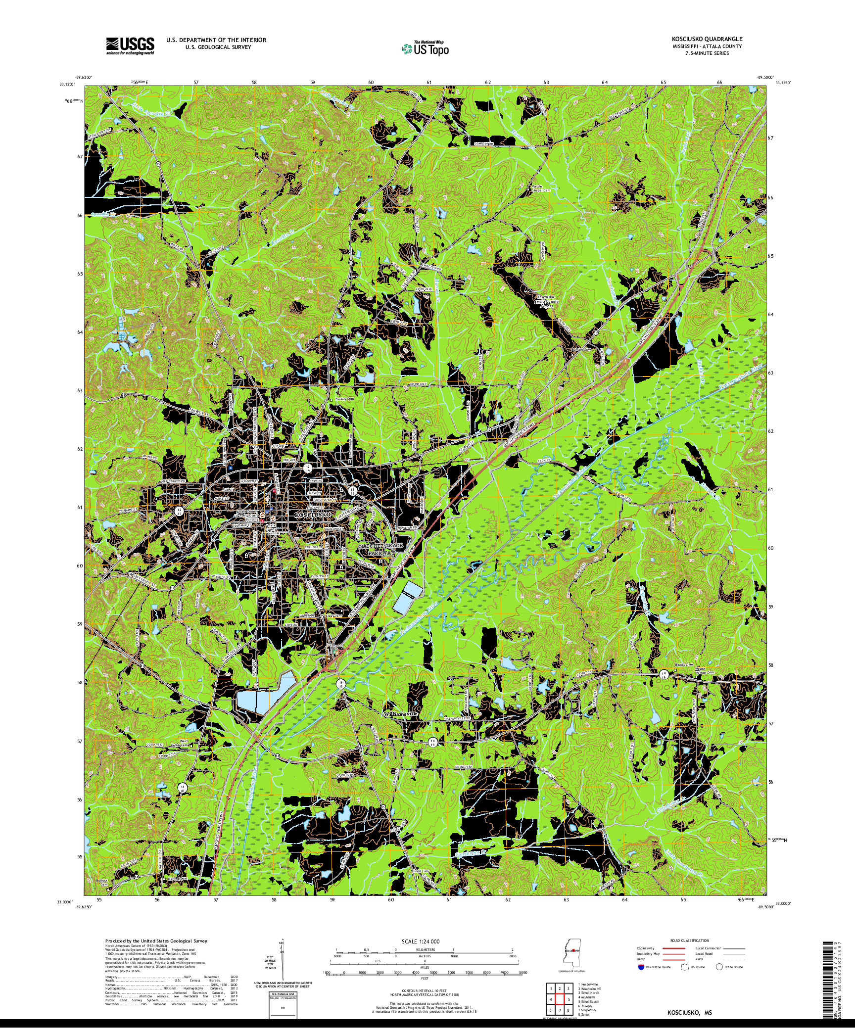 USGS US TOPO 7.5-MINUTE MAP FOR KOSCIUSKO, MS 2020