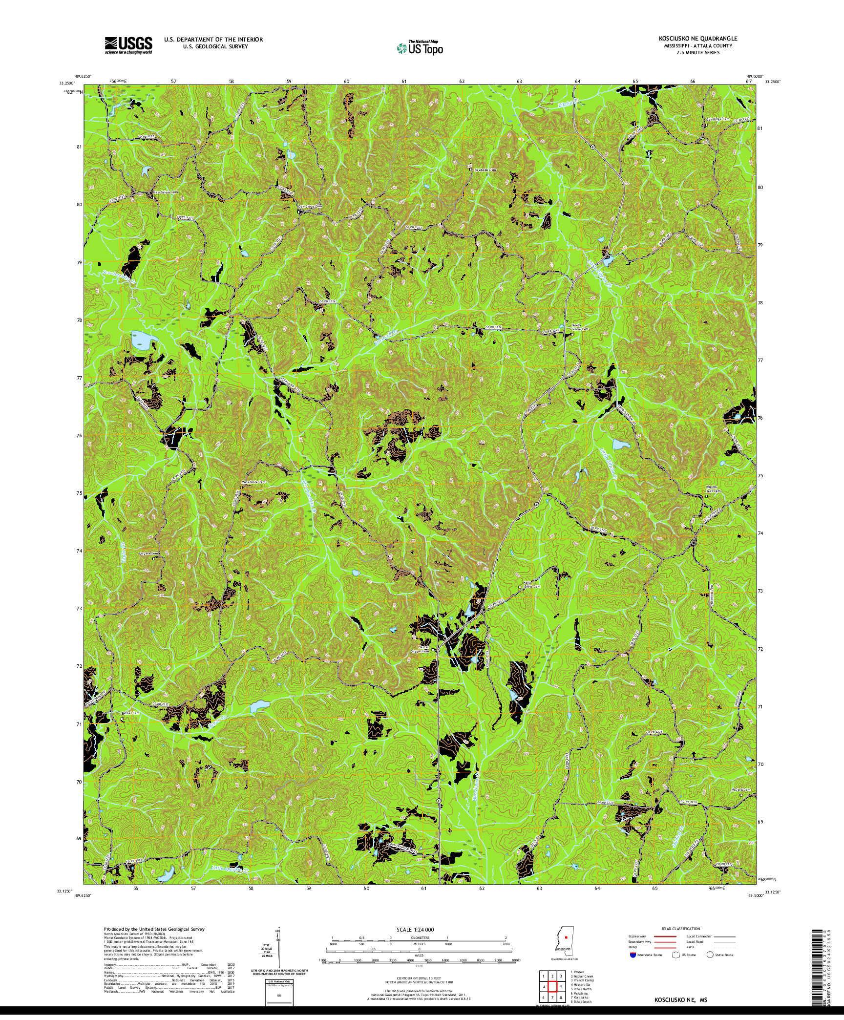 USGS US TOPO 7.5-MINUTE MAP FOR KOSCIUSKO NE, MS 2020