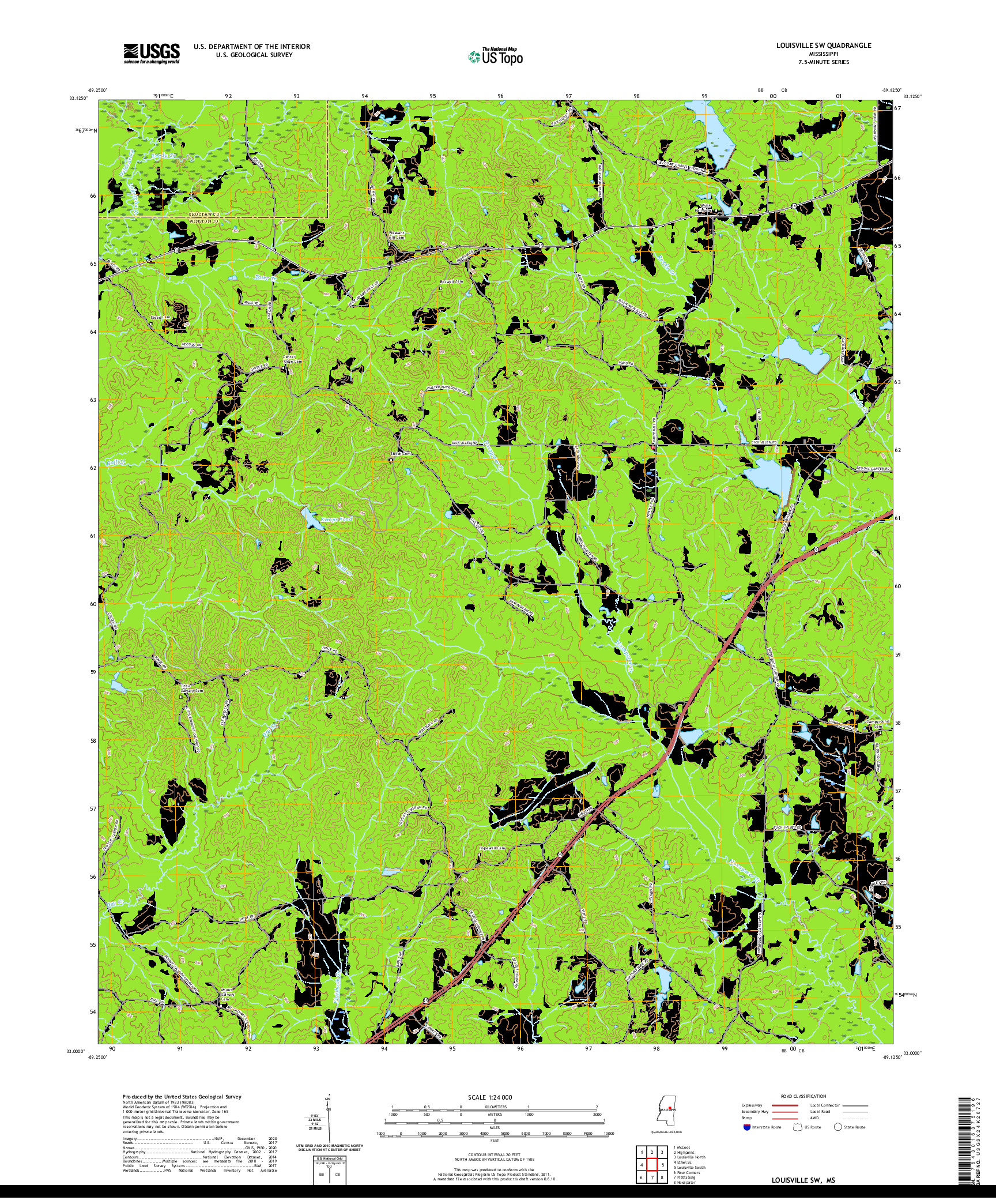 USGS US TOPO 7.5-MINUTE MAP FOR LOUISVILLE SW, MS 2020