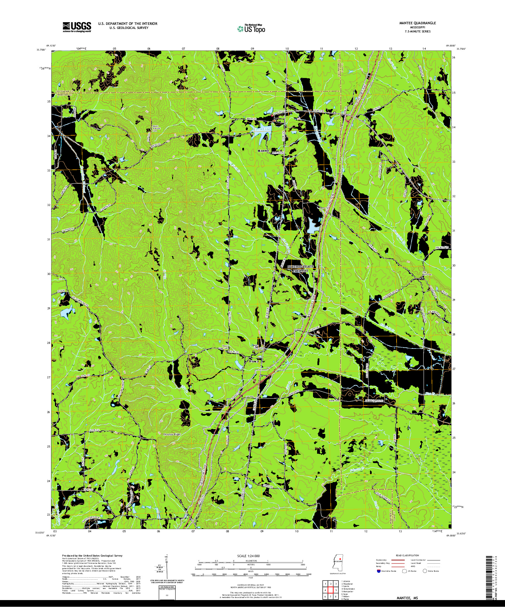 USGS US TOPO 7.5-MINUTE MAP FOR MANTEE, MS 2020