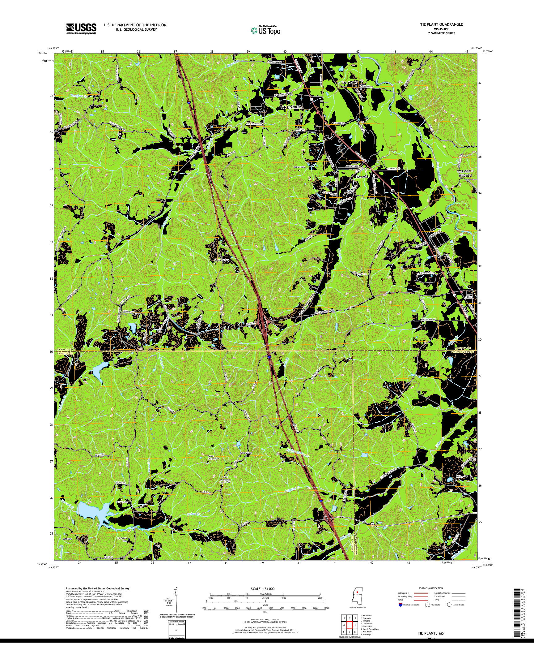 USGS US TOPO 7.5-MINUTE MAP FOR TIE PLANT, MS 2020