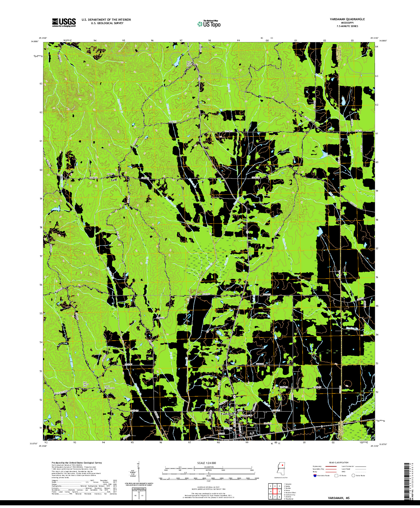 USGS US TOPO 7.5-MINUTE MAP FOR VARDAMAN, MS 2020