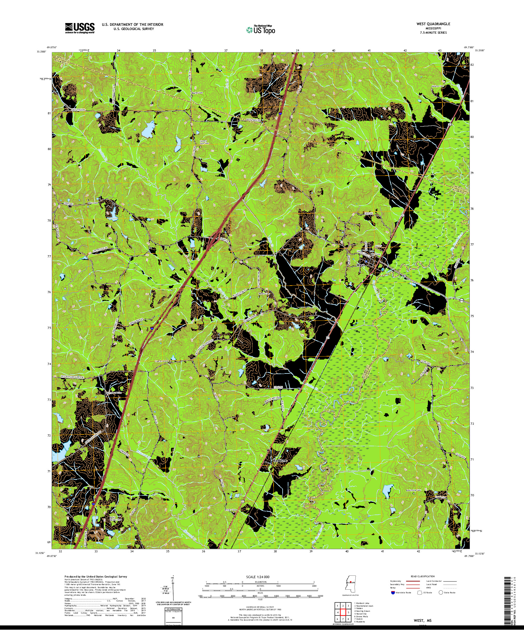 USGS US TOPO 7.5-MINUTE MAP FOR WEST, MS 2020