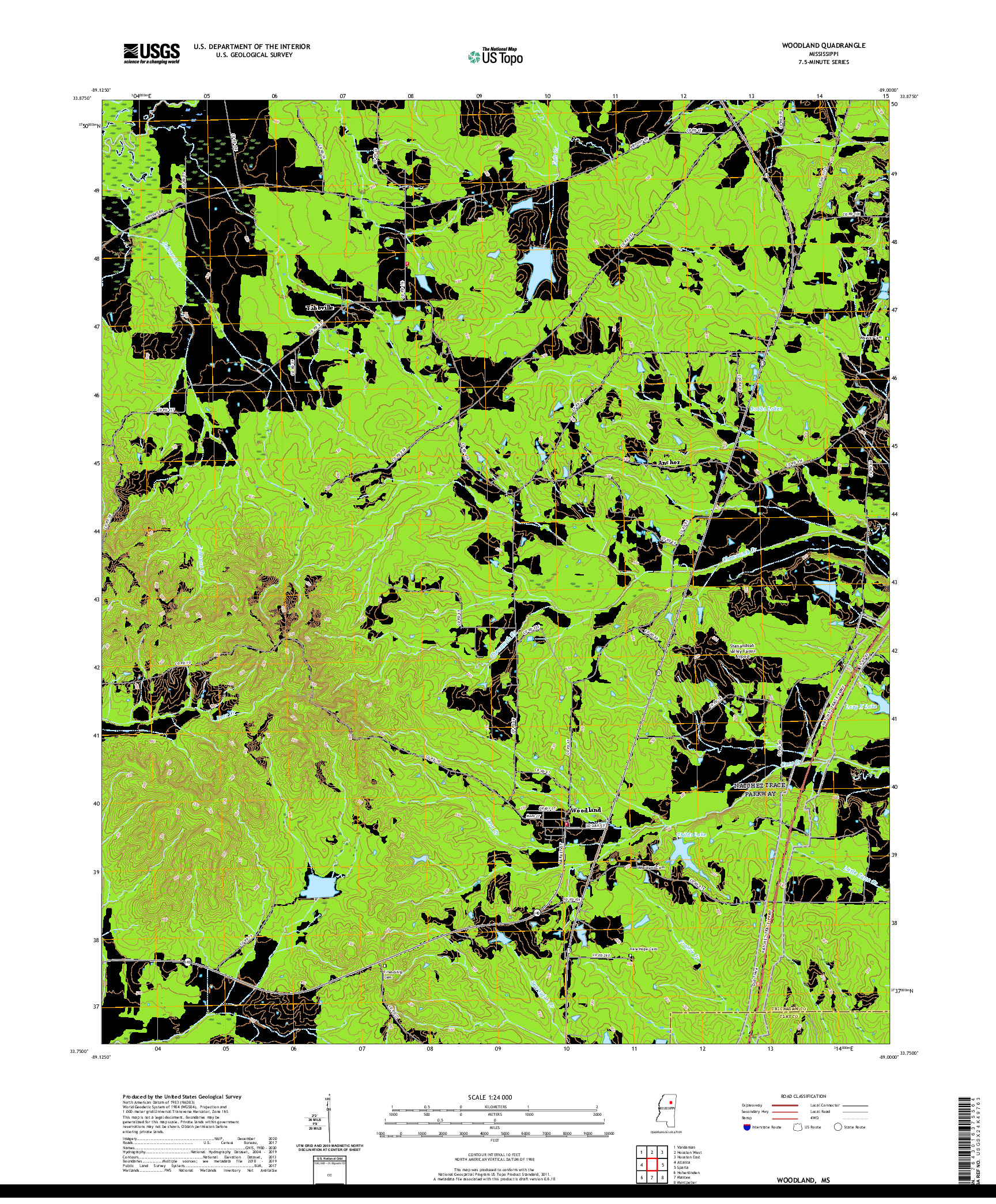 USGS US TOPO 7.5-MINUTE MAP FOR WOODLAND, MS 2020