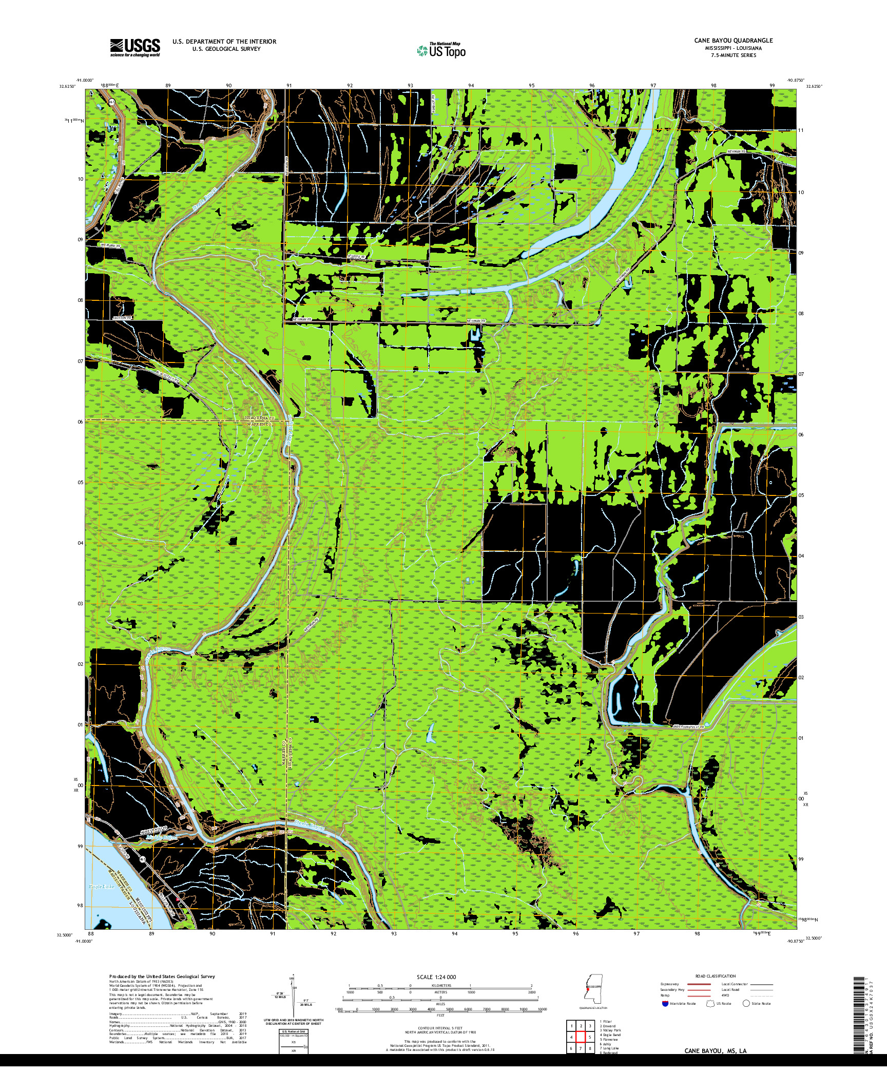 USGS US TOPO 7.5-MINUTE MAP FOR CANE BAYOU, MS,LA 2020