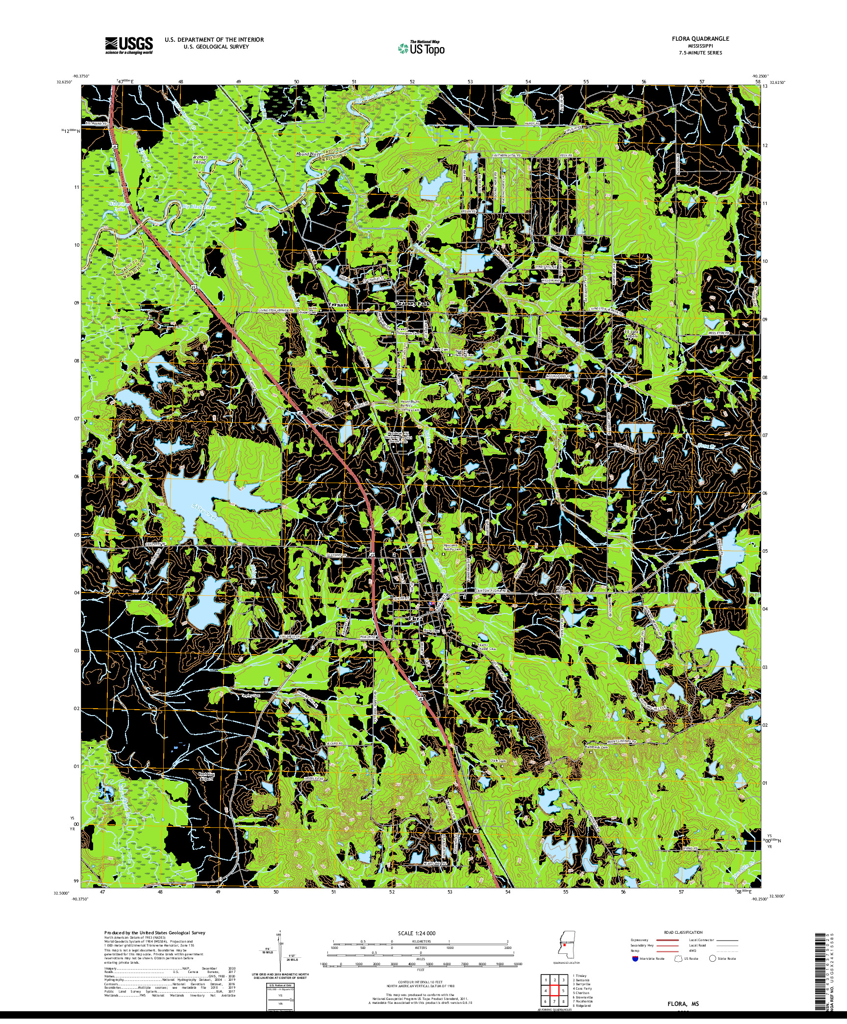 USGS US TOPO 7.5-MINUTE MAP FOR FLORA, MS 2020