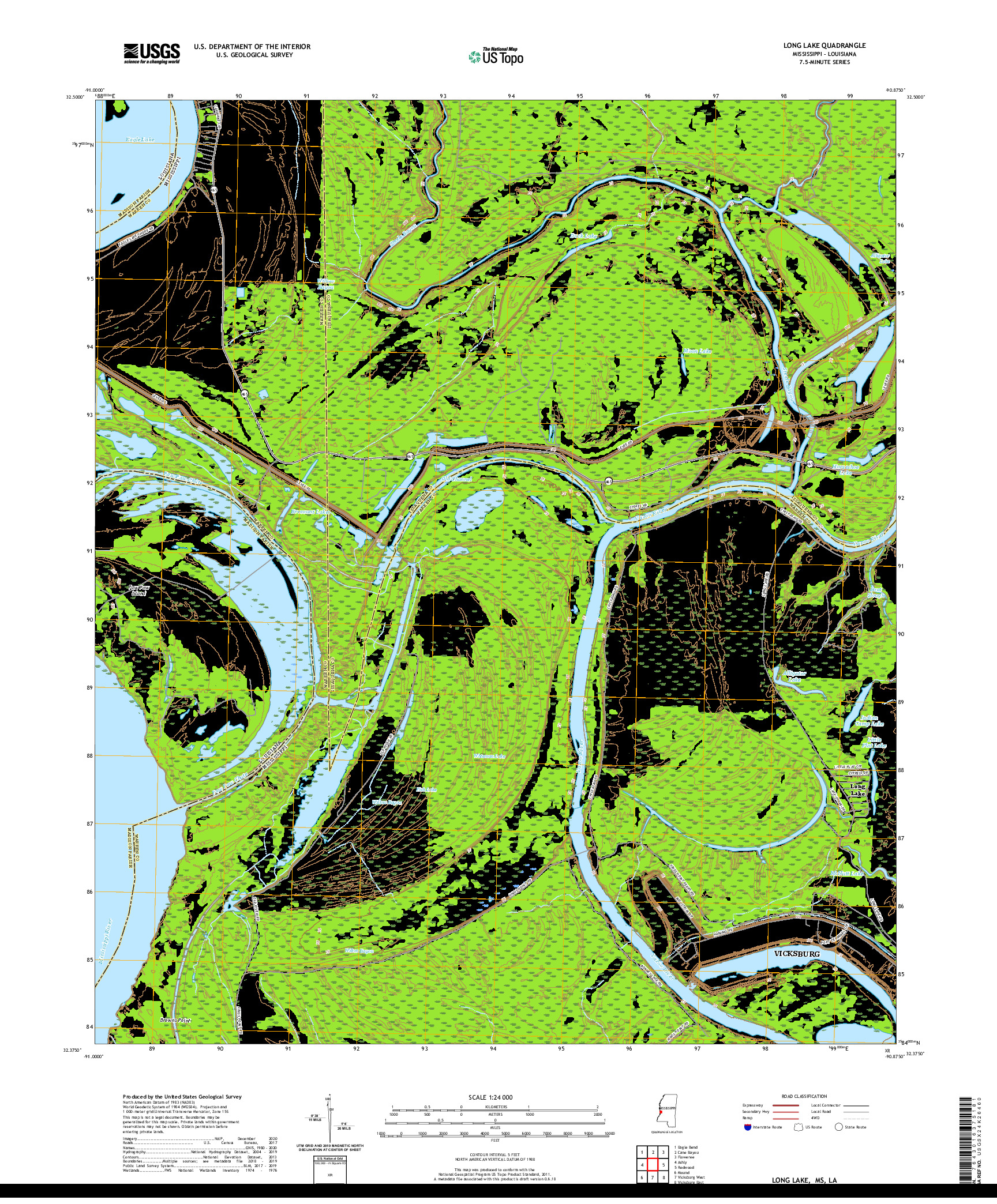 USGS US TOPO 7.5-MINUTE MAP FOR LONG LAKE, MS,LA 2020