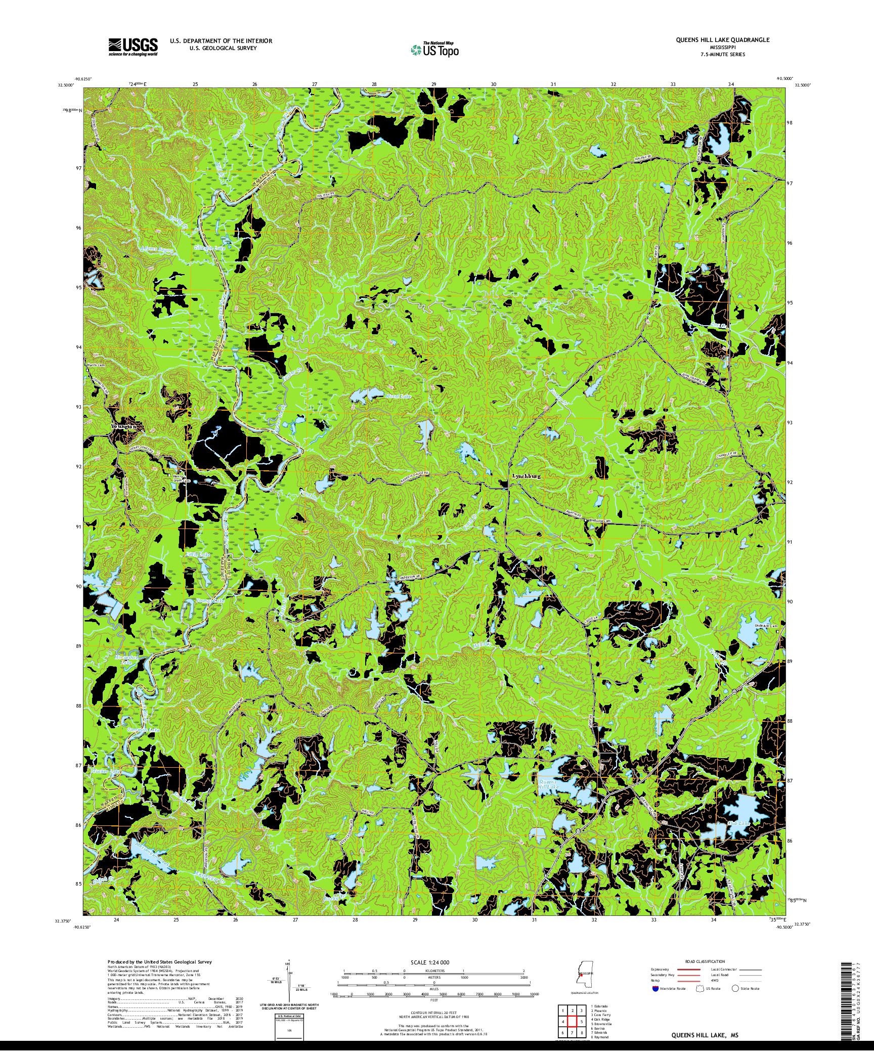 USGS US TOPO 7.5-MINUTE MAP FOR QUEENS HILL LAKE, MS 2020