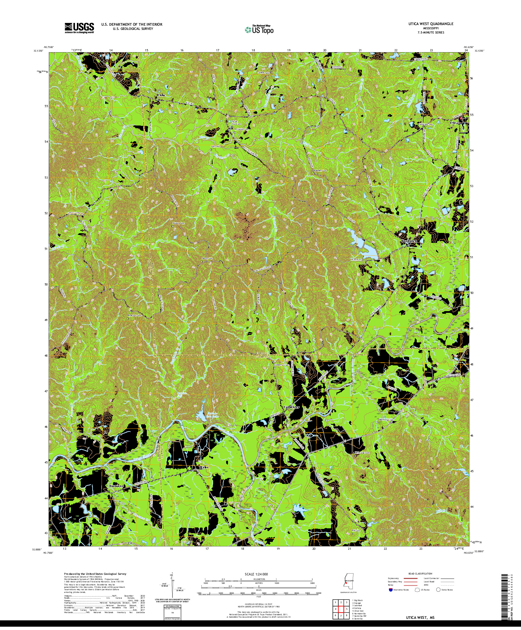 USGS US TOPO 7.5-MINUTE MAP FOR UTICA WEST, MS 2020